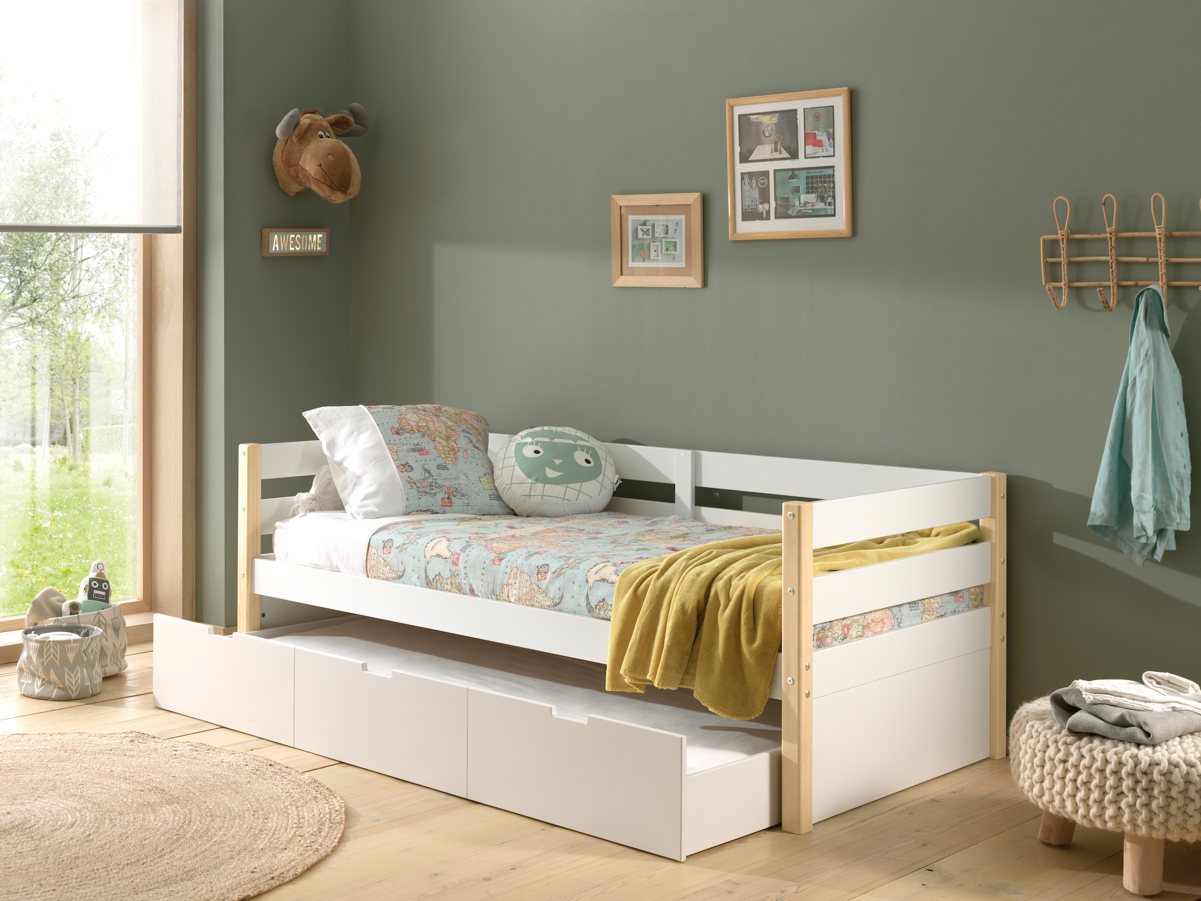 Vipack Einzelbett »Magrit, Kojenbett mit seitlichem Umbau, Liegefläche 90 x 200cm«, (B/H/T ca. 211,2x76,6x97,8cm, Pfosten massiv, Umbau MDF weiß lackiert), universell einsetzbar, wahlweise mit und ohne Bettschublade