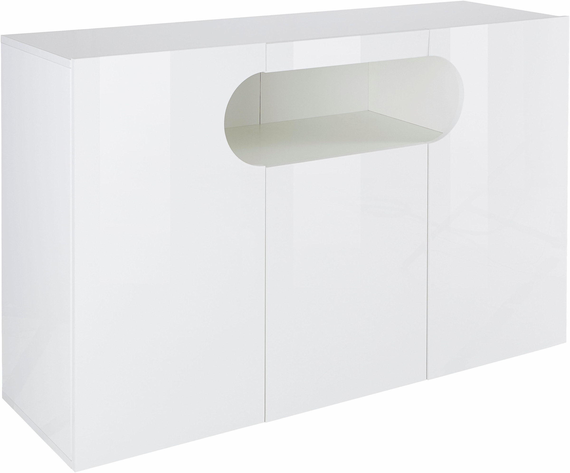 INOSIGN Sideboard »Real,Vitrine,Kommode,Schrank,Breite 130 cm komplett hochglanz lackiert«, mit 3 Türen davon 2 abgerundet, die ein ovales offenes Fach bilden