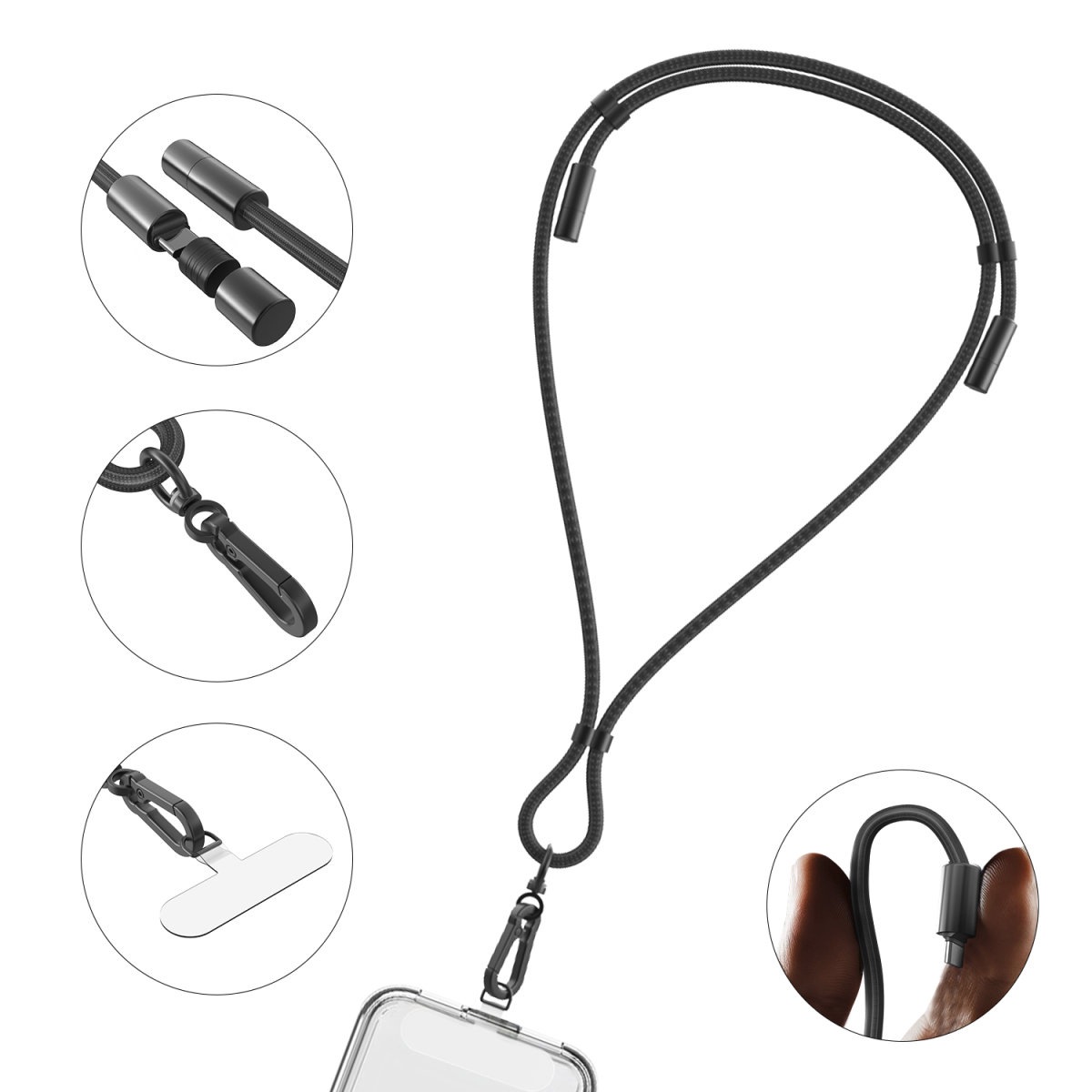 4smarts USB-Kabel »USB-C Handykette Necklace PhonoLace, schwarz«, USB-C-USB-C, 100 cm, Unterstützt bis zu 60 W PD und 480 Mbps