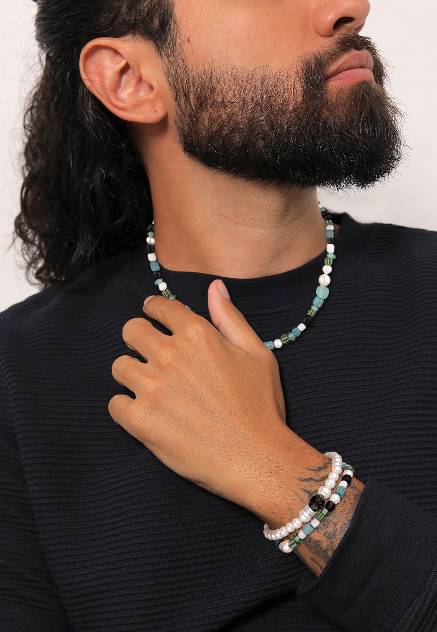 Kuzzoi Ohrring und Ketten Set »Schmuckset Herren Glas Perlen Set Halskette Armband 925 Silber«