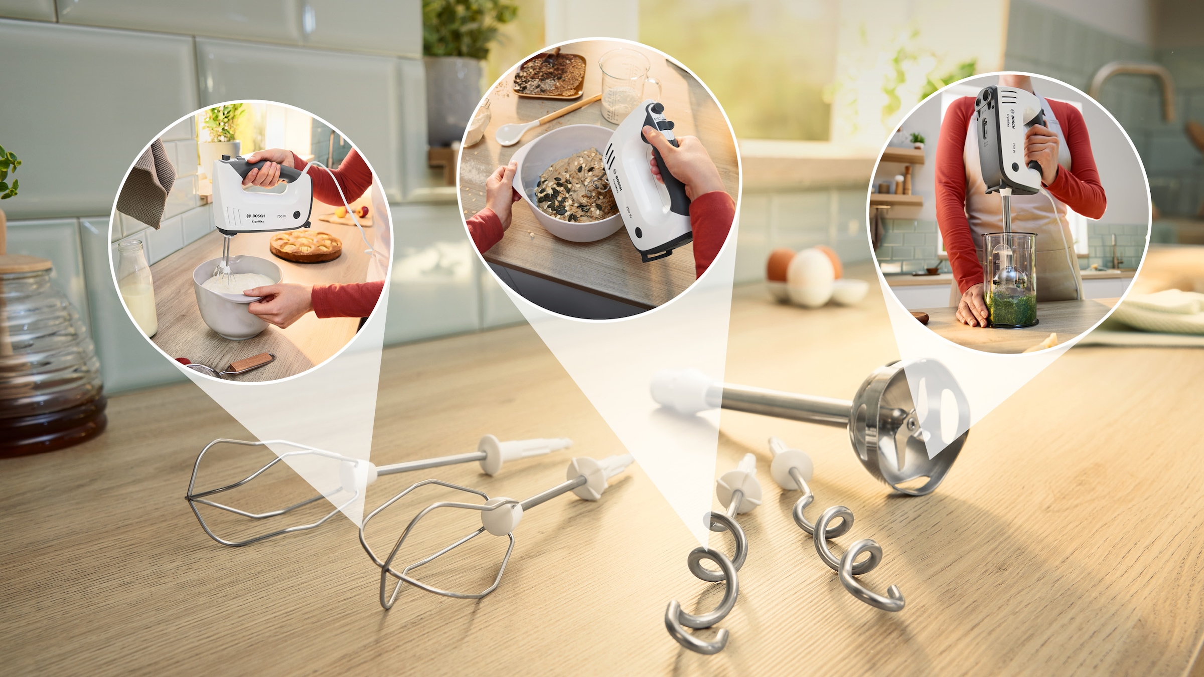 BOSCH Handmixer »ErgoMixx MFQ37480, Edelst. Rührbesen/Knethaken, Mixfuß, weiß/grau«, 750 W, Zerkleinerer, Becher, 5 Stufen, Turbotaste, Made in Europe