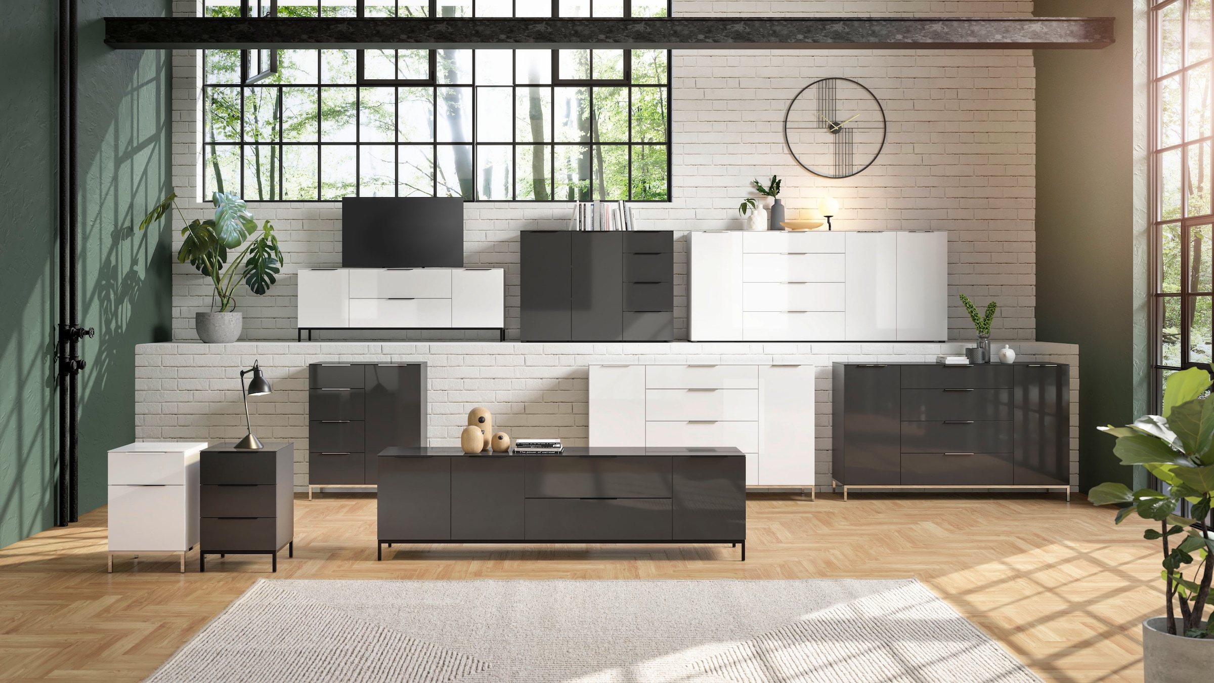 Manjana Möbel Sideboard »Style« mit Glasfronten, mit Metallgriffen, melaminbeschichtet