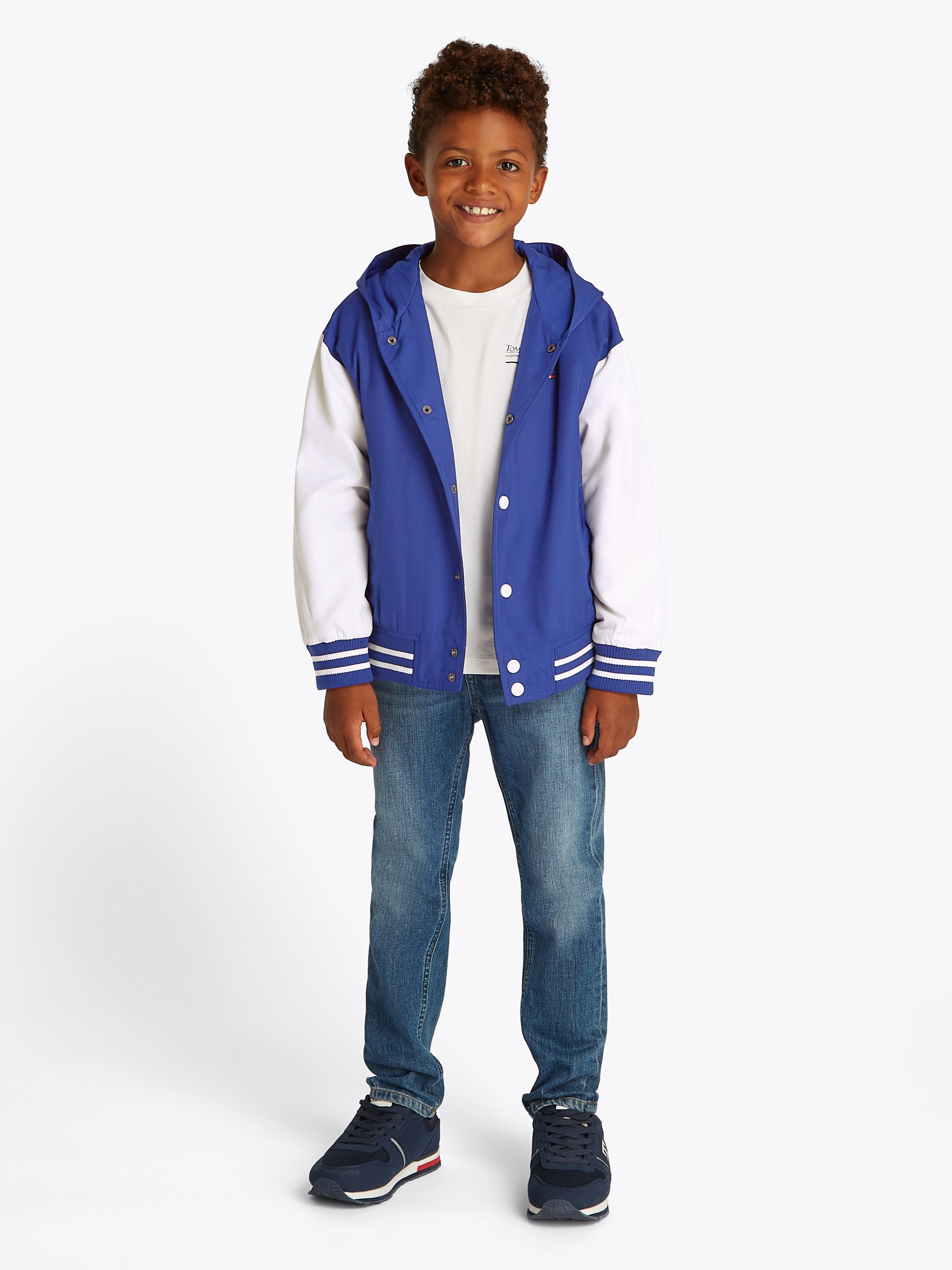 Tommy Hilfiger Bomberjacke »HOODED GRAPHIC BOMBER«, mit Kapuze, mit großem Logo, Kontrast-Streifen
