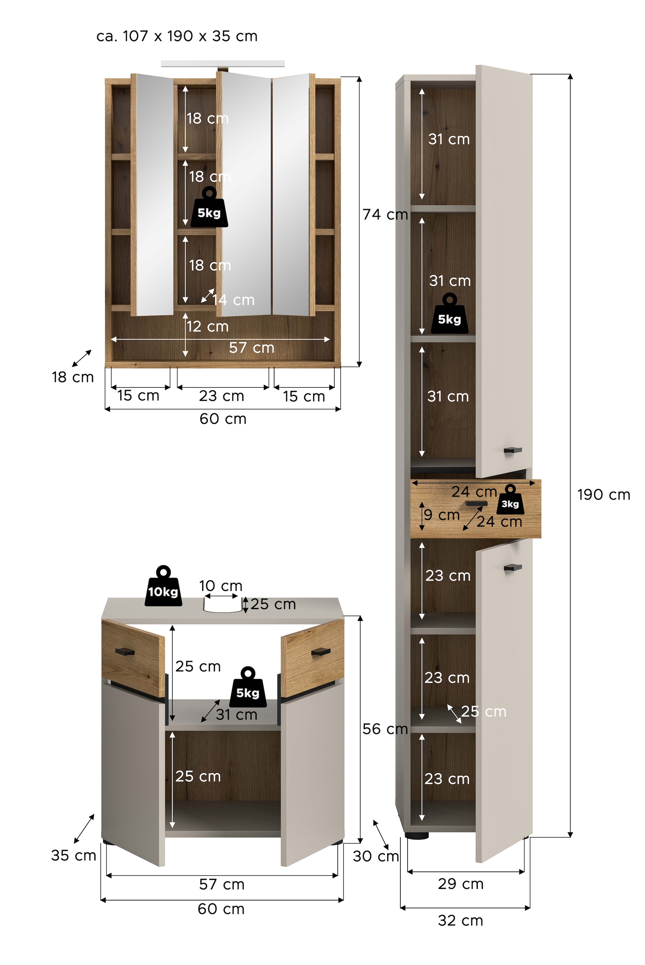 welltime Badmöbel-Set »VANN, 3-teilige moderne Badkombination, inkl. Beleuchtung« Waschbeckenunterschrank, Spiegelschrank inkl. Beleuchtung, Hochschrank, 3 Stk. tlg.