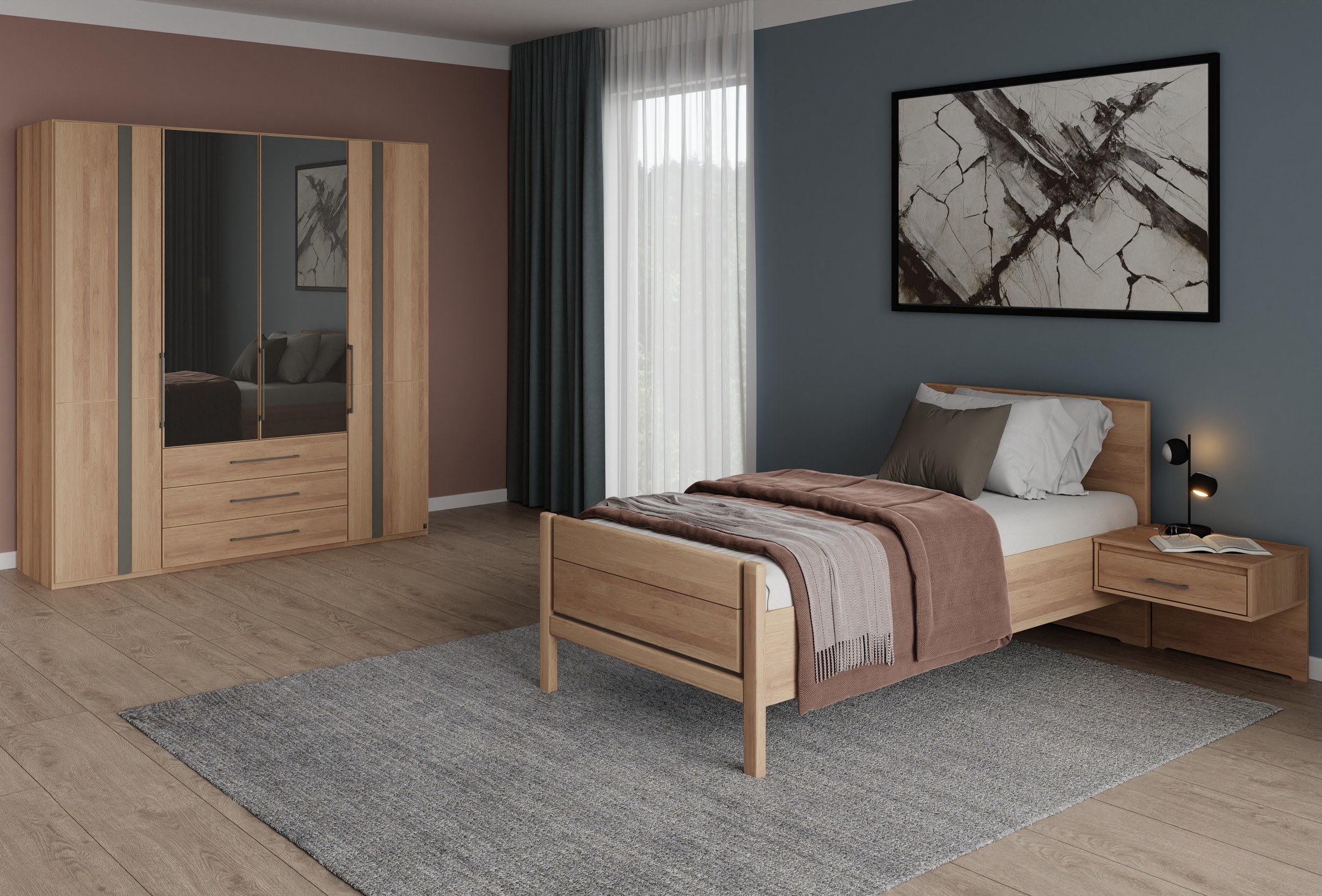 Musterring Schlafzimmer-Set »Sorrent, Kleiderschrank, Bett & Nachtkommoden, teilmassiv Eiche«, (2er-Set Nachtschränke, Drehtürenschrank 200 cm, Bett 100x200 cm), Schrank mit Türen und Schubkästen, Bett mit Stollfuß, teilmassiv