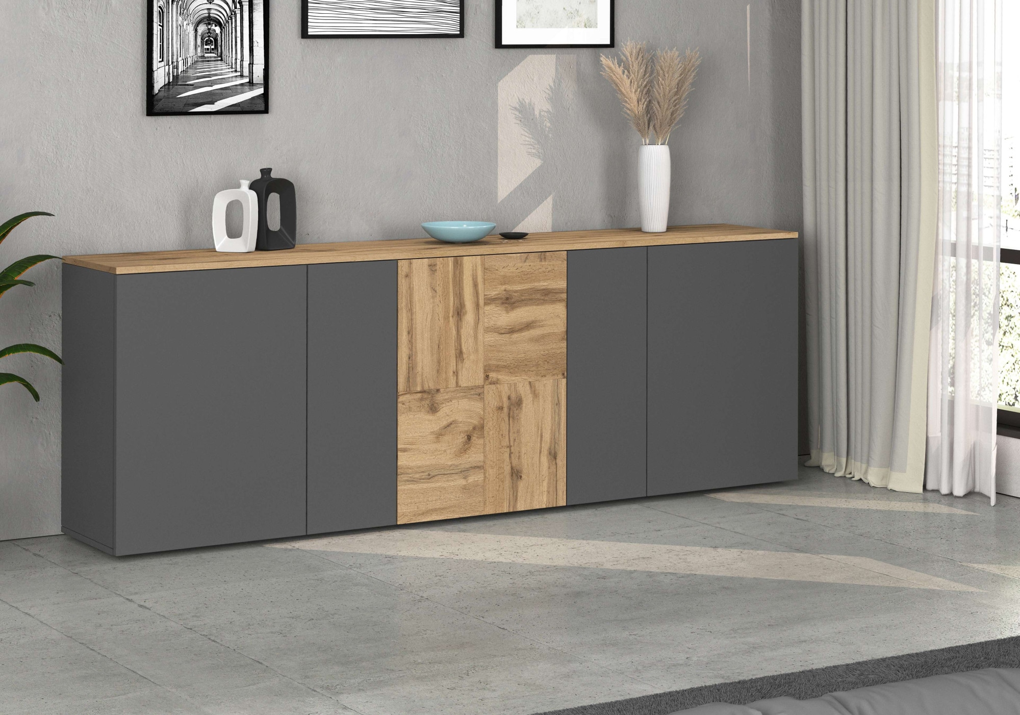OTTO home Sideboard »ISEO, Kommode, Schrank, Sideboard, Lowboard, 6 Fächer, Breite 200 cm« 1 Stk. tlg. stehend/hängend, 5 Türen, 6 Fächer, Breite 200 cm