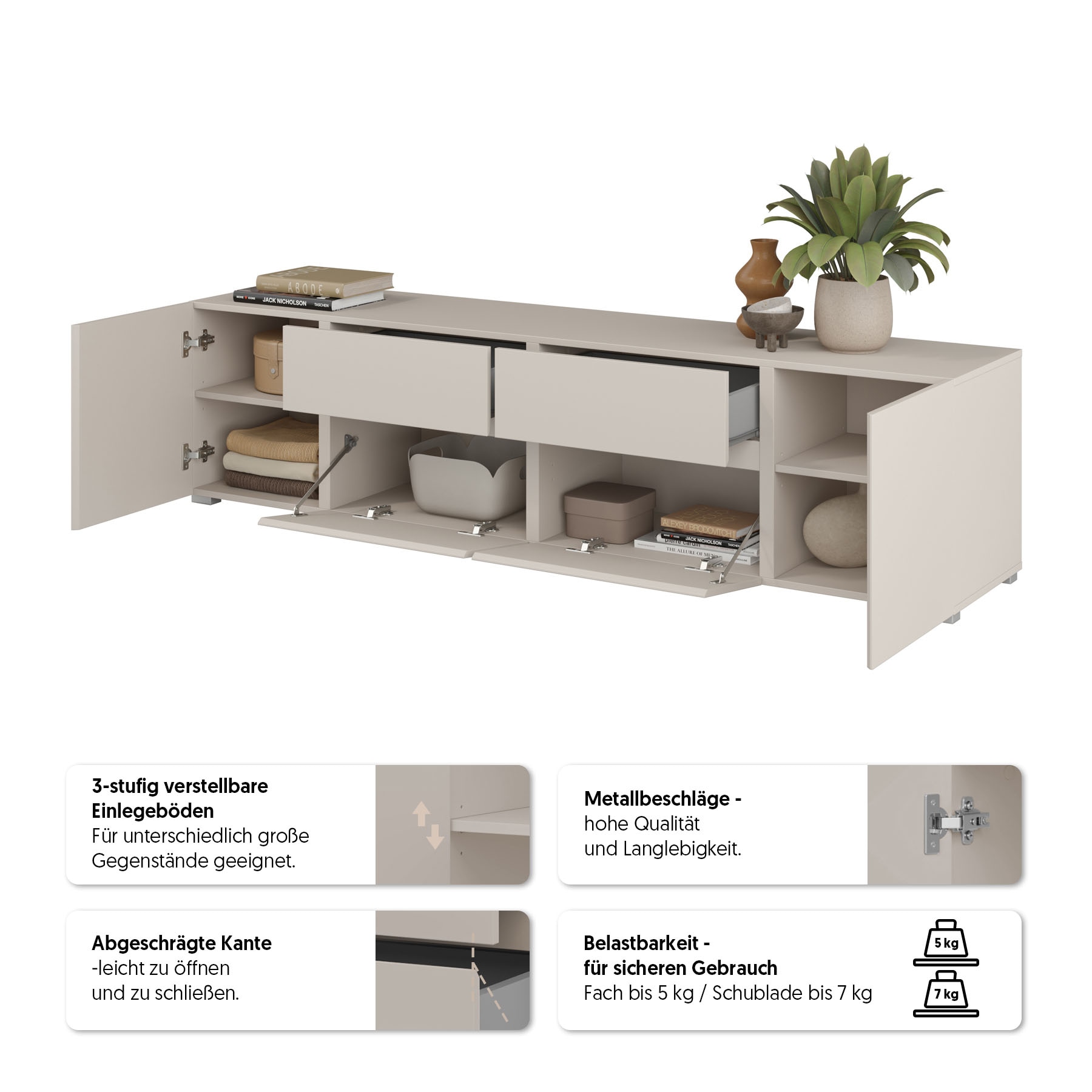 OTTO home Lowboard »Metric,Breite 195cm, grifflose Lowboard 2Klappen/2Schubkästen/2Tür« TV-Schrank mit viel Stauraum, TV-Board