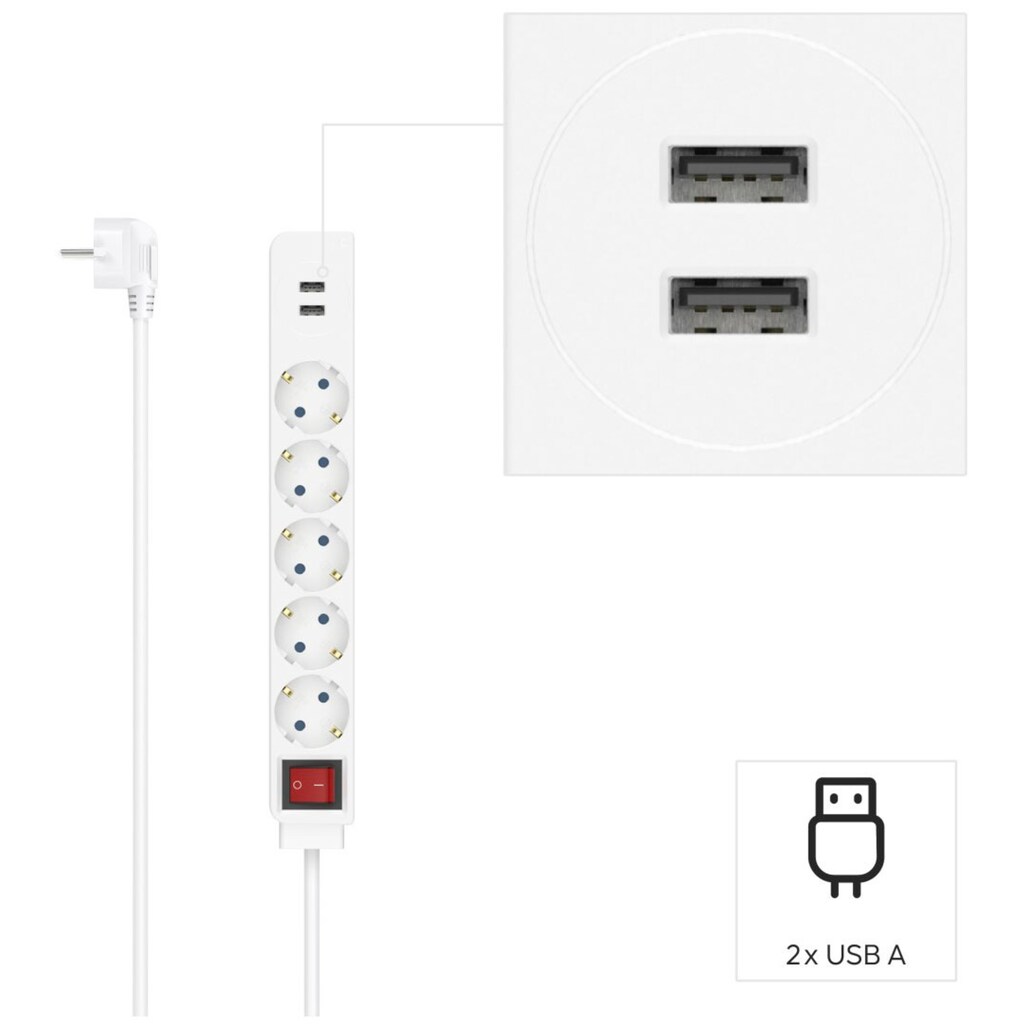 Hama Steckdosenleiste, 7-fach, (Ein- / Ausschalter-USB-Anschlüsse Schutzkontaktkupplung-Schutzkontaktstecker Kabellänge 1,4 m)