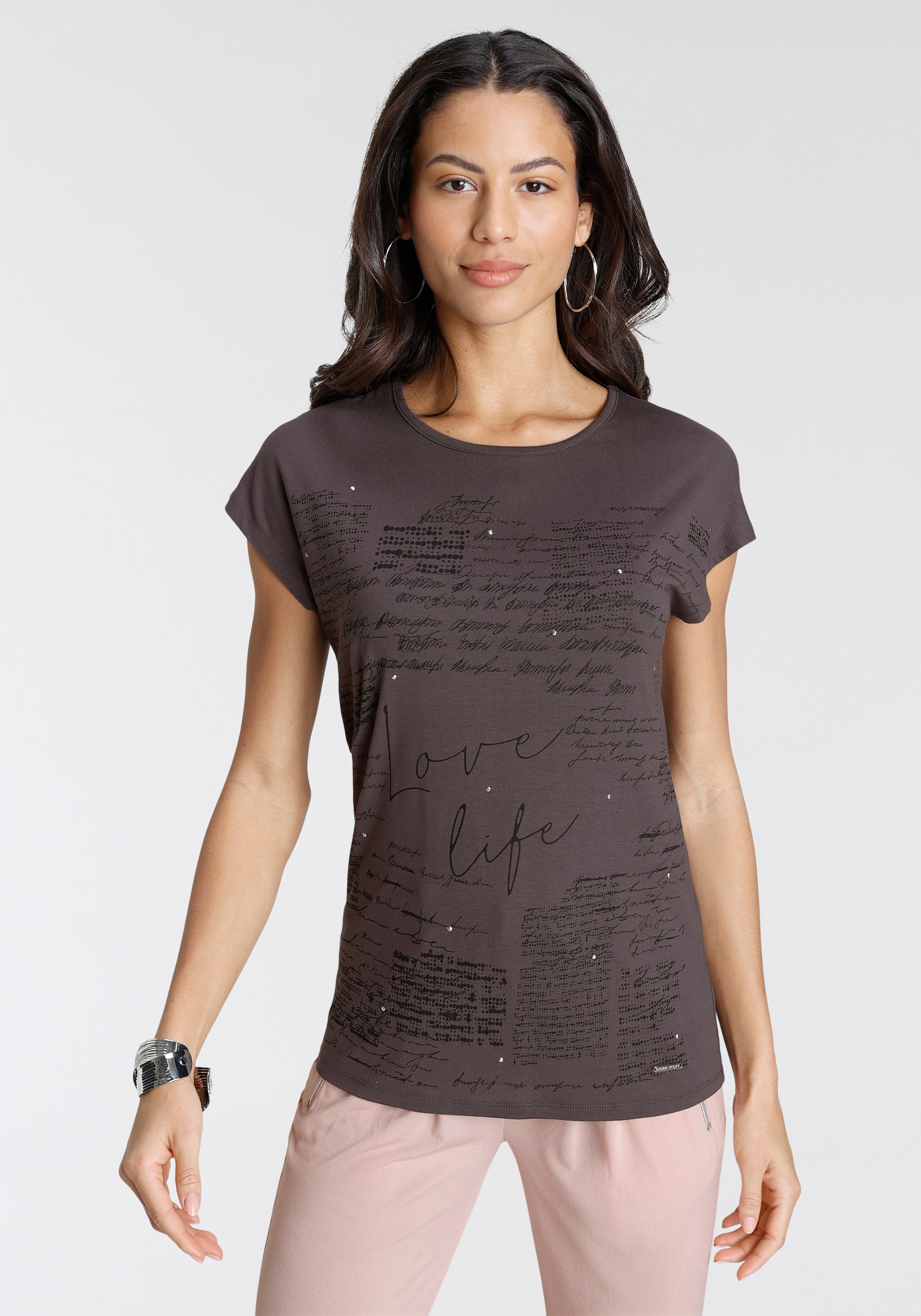 Laura Scott T-Shirt, mit Schriftzügen und Glitzersteinen bei ♕