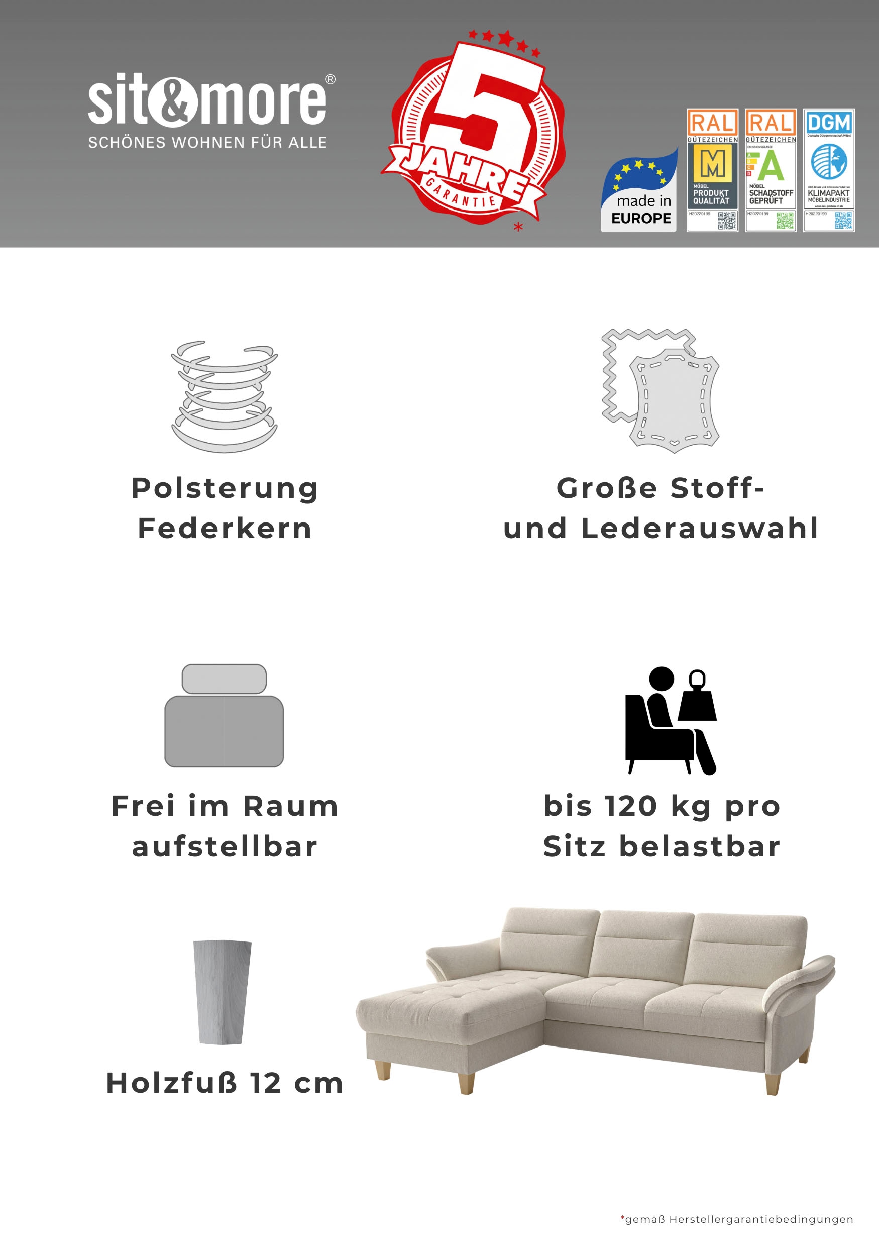 sit&more Ecksofa »Pamela, B: 218 cm, L-Form, wahlweise mit Schlaffunktion und Bettkasten« mit Federkern