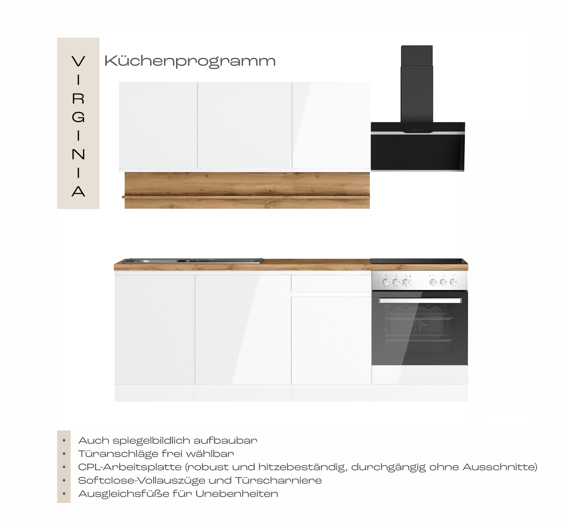 KOCHSTATION Küchenzeile »KS-Virginia,neu in verbesserter Ausführung« Arbeitsplatte 38 mm stark, Stauraum, Softclose,  Breite 220 cm, Soft-Close, wahlweise mit E-Geräten