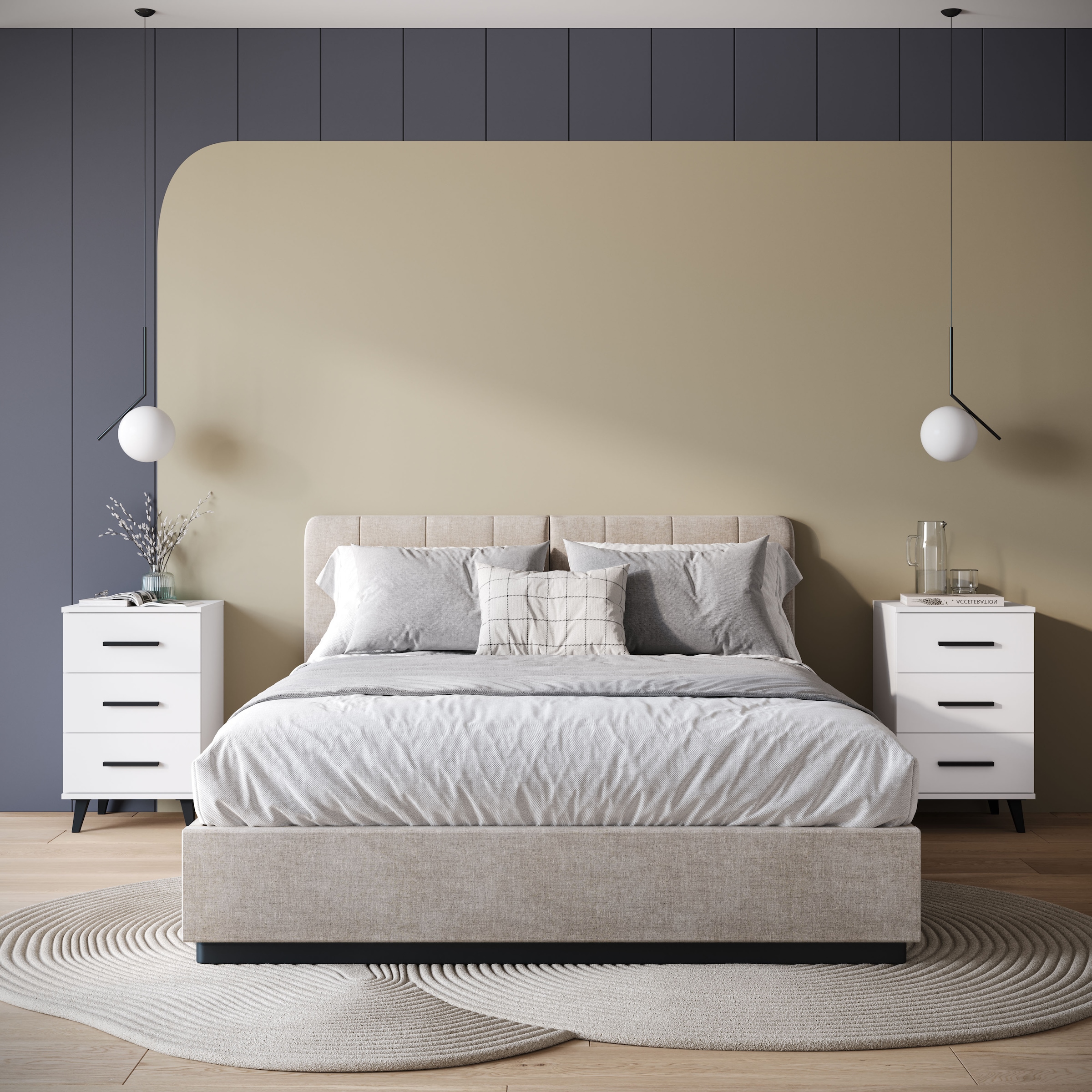 INOSIGN Nachtkommode »Lagos, 2 Nachtschränke, 3 Schubladen, schwarze Griffe & Füße«, (Set, 2 St., 2 wunderschöne Nachttische im Set), modernes Design, B/T/H je 40/35/65 cm, pflegeleichte Oberfläche