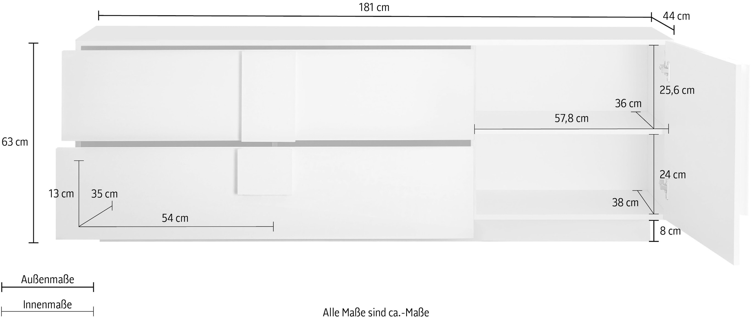 INOSIGN Lowboard »Jupiter, Breite 181 cm, TV-Board 1 Tür - Soft Closing, 2 Schubkästen,«, TV-Schrank, moderne Griffblende, FSC®, cleveres Stauraumkonzept