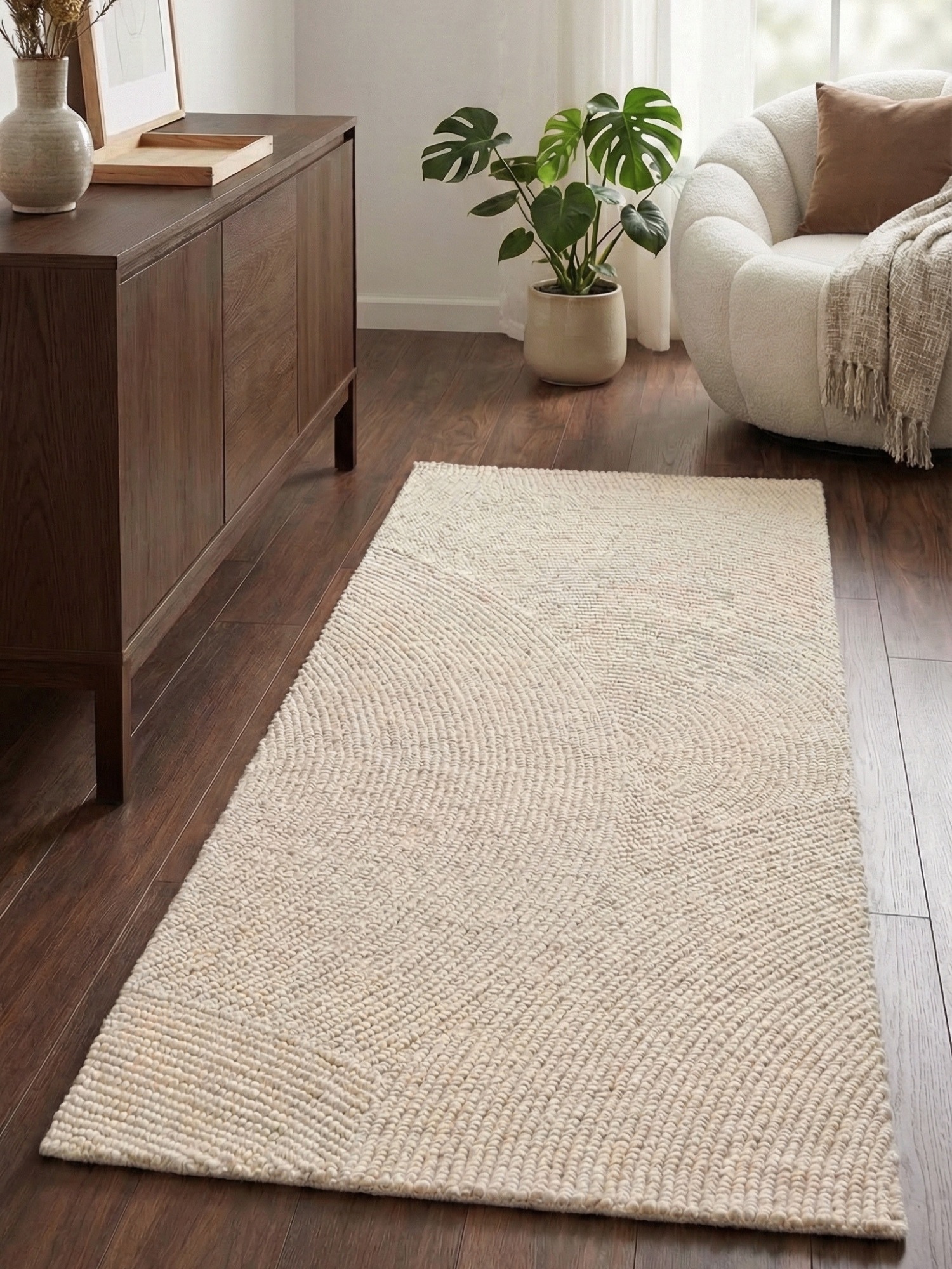 THE RUGS Eleni Wool Rug Hand Tufted Wool Geometric Area Rug Scandinavian Style in Cream | Size: 80cm x 200cm