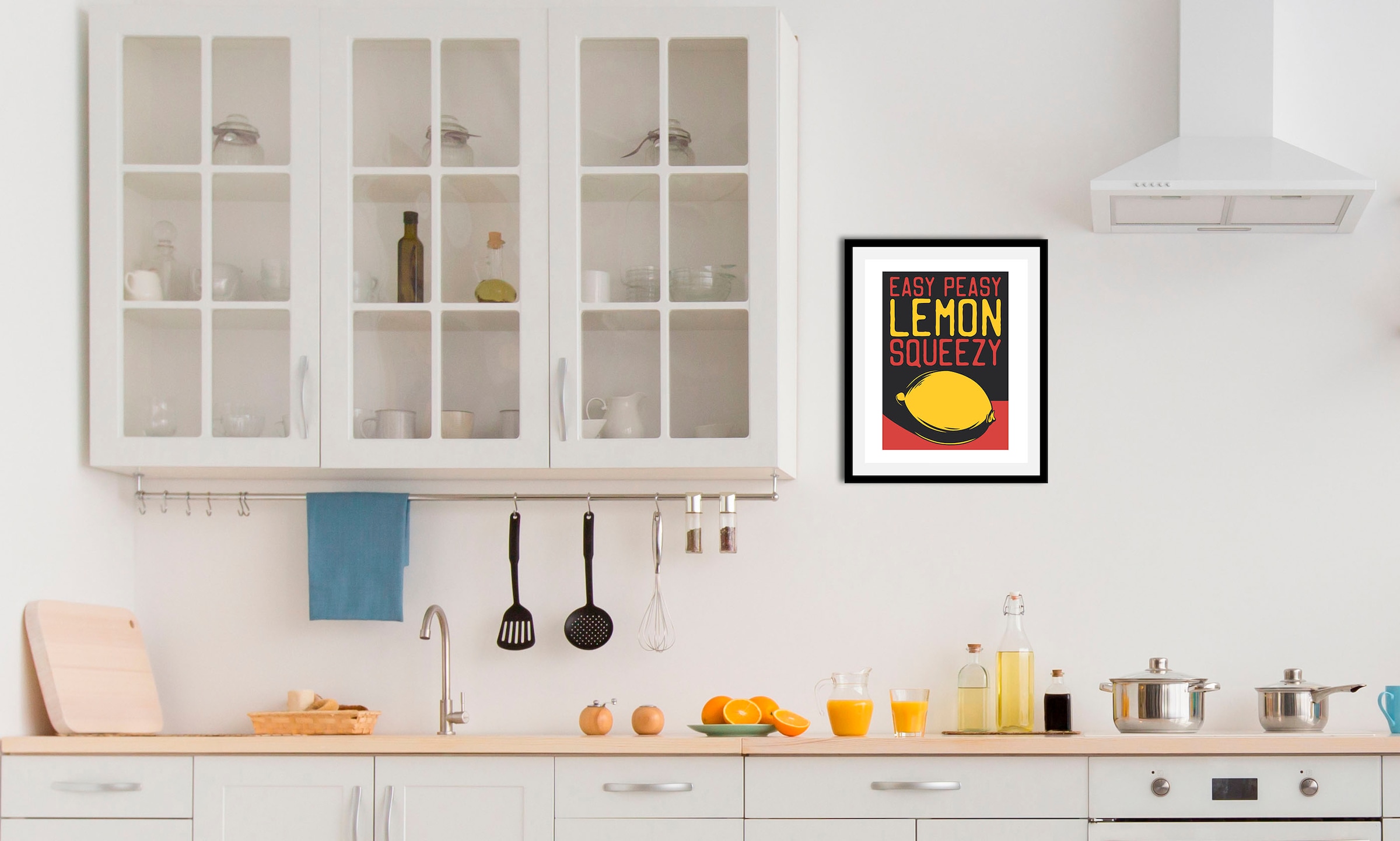 queence Bild »Easy Peasy«, Obst-Obst Bilder-Essen-Lebensmittel-Kunst-Schriftzug-Humor, (1 St.), HD Premium Poster-Druck inkl. Holzrahmen