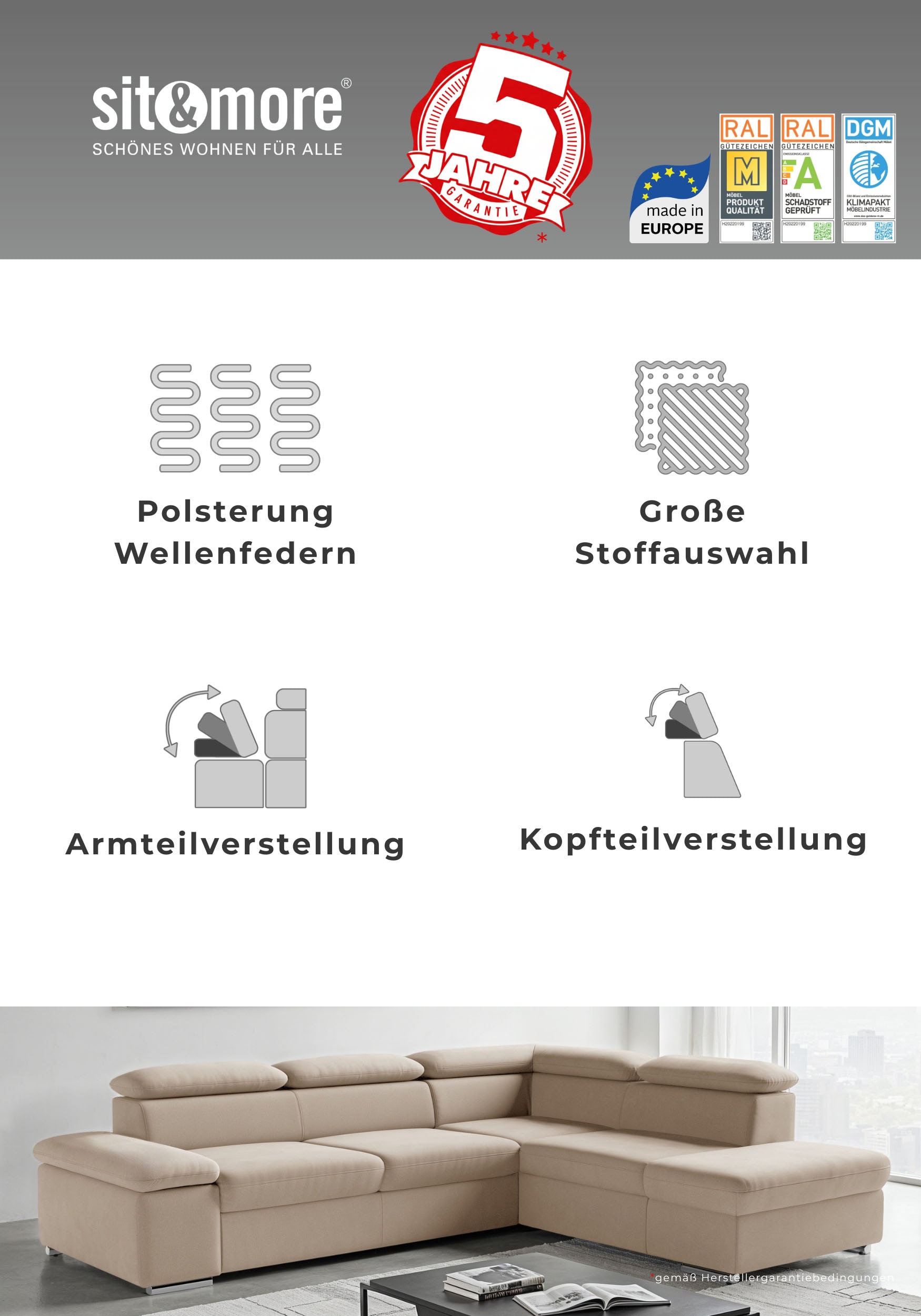 sit&more Ecksofa »Valantine L-Form, B: 272 cm« mit Arm- & Kopfteilverstellung, optional mit Bettfunktion