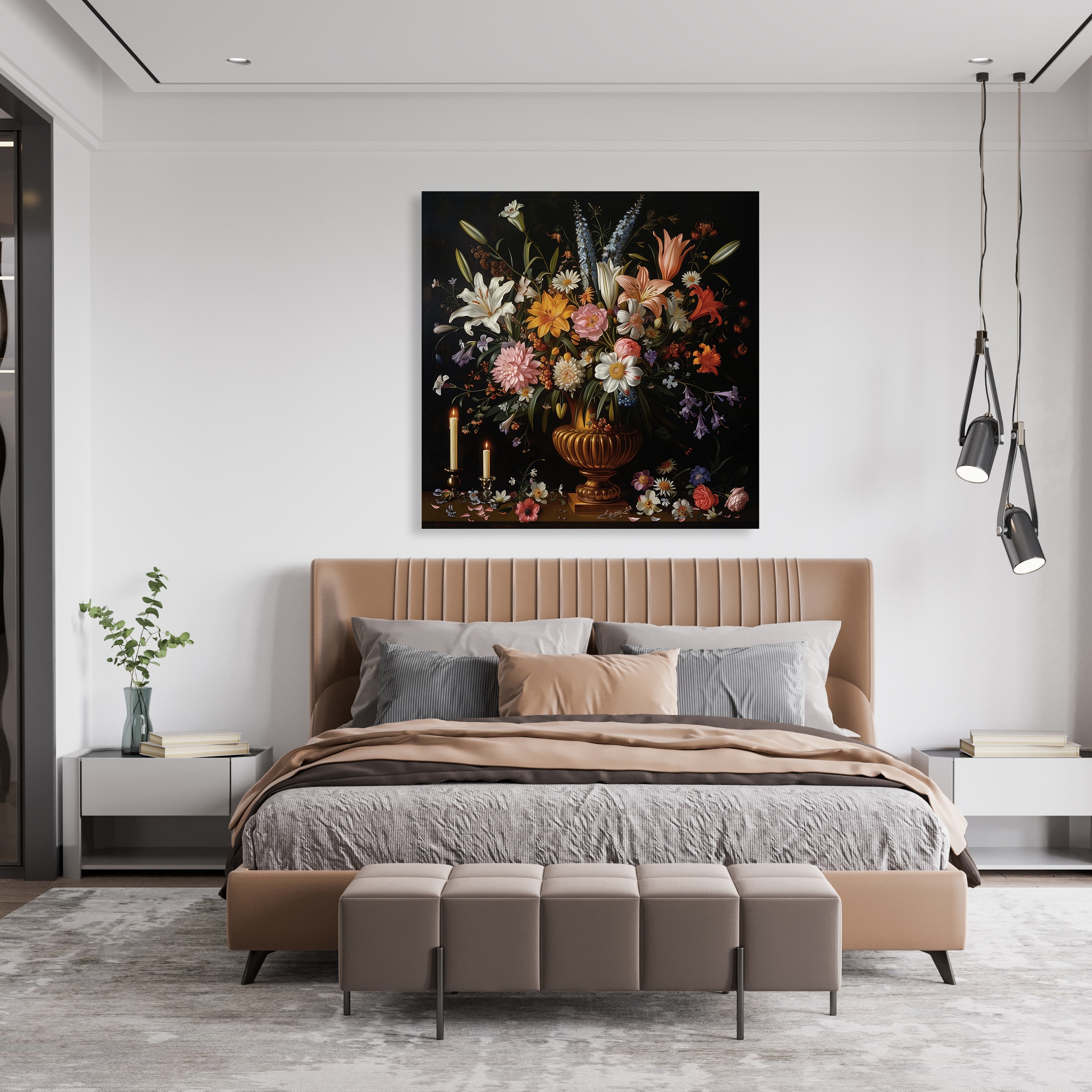 queence Leinwandbild »Blumenstrauß und Kerzen«, Blumen-Blumenbilder-Gemälde-Kunst-Pflanzen-Pflanzenbilder-Romantisch-Stillleben-Vasen-Vasen & Töpfe, (1 St.), Premium-Leinwandstoff, Handarbeit aus Deutschland