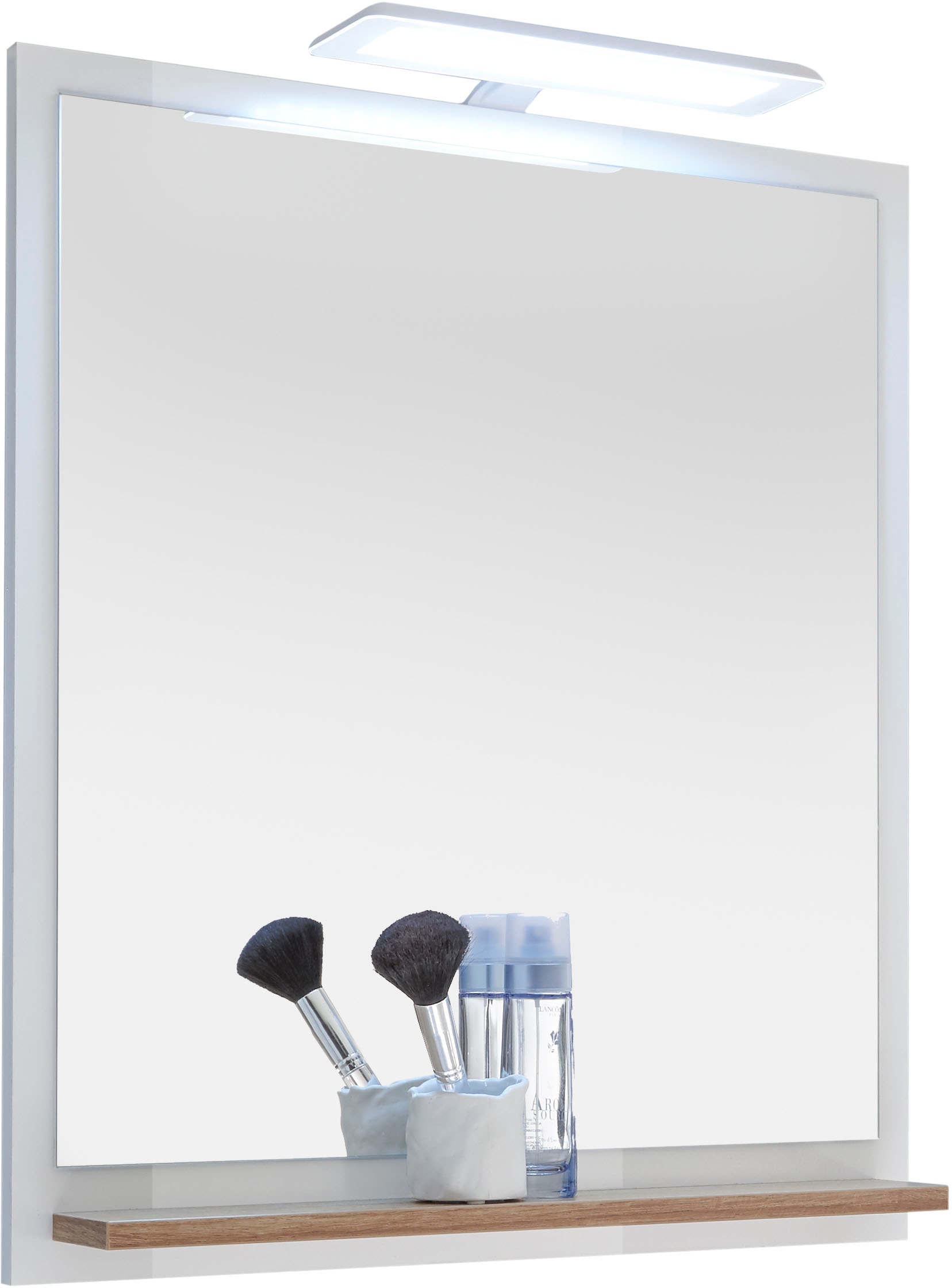 Saphir Badspiegel »Quickset 923 Spiegel 60 cm breit mit Ablage«, Flächenspiegel Weiß Glanz, Riviera Eiche quer Nachbildung