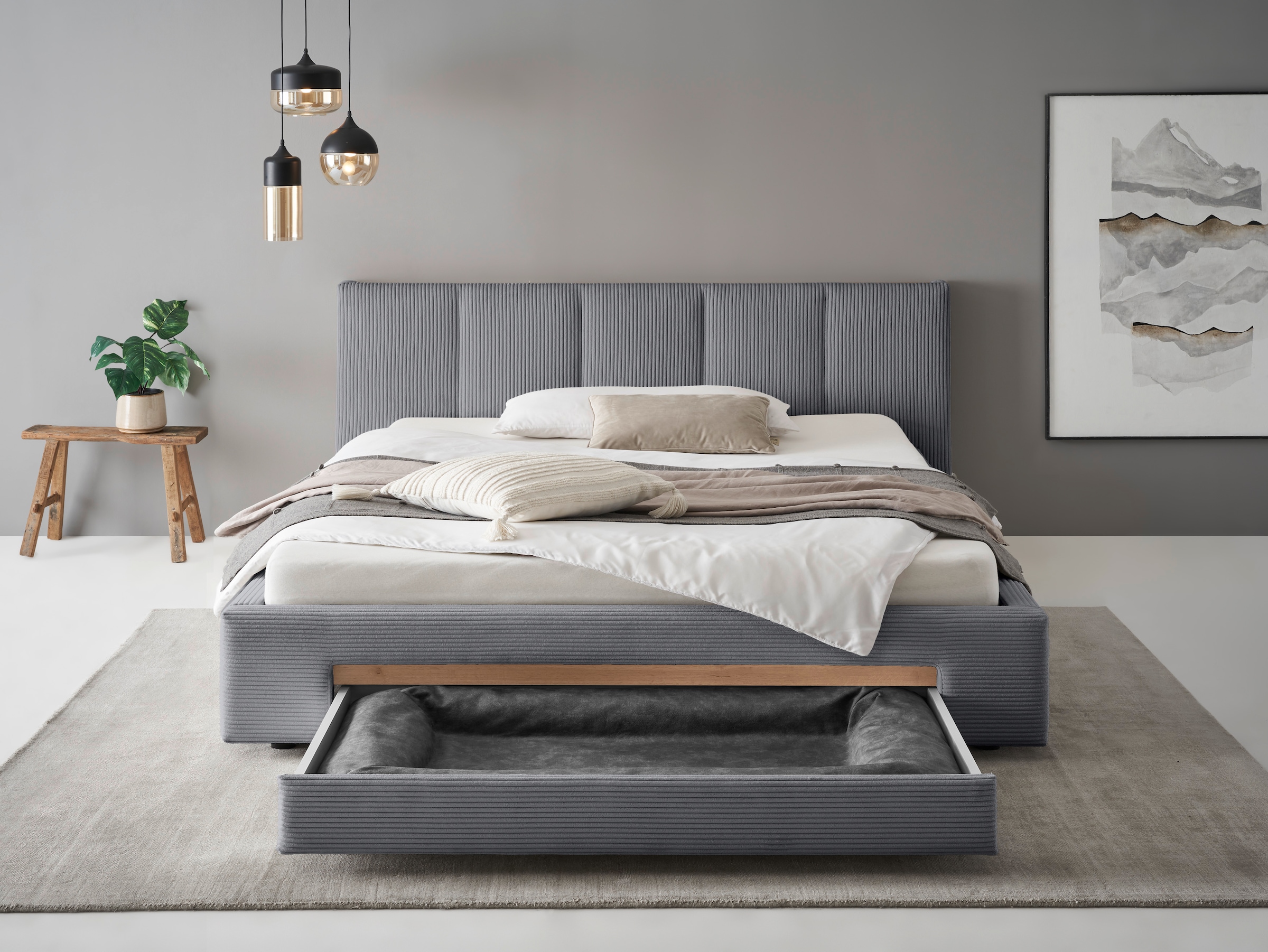 INOSIGN Polsterbett »CiTY/GiRON, Bettgestell mit Bettkasten, gepolstertes Stauraumbett«, mit Hundebett oder Stauraumschublade, Bezug Cord-oder Leinenoptik