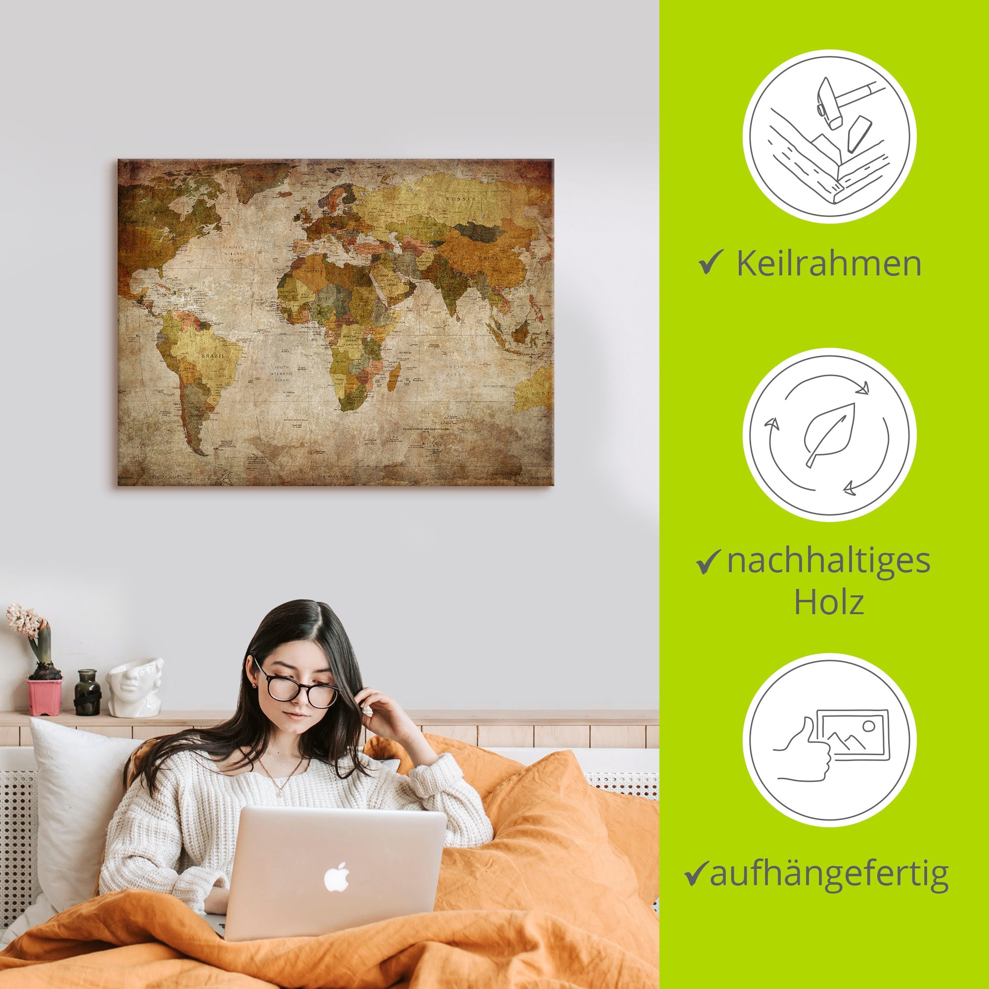 Artland Wandbild »Weltkarte«, Landkarten, (1 St.), als Alubild, Outdoorbild, Leinwandbild, Poster, Wandaufkleber