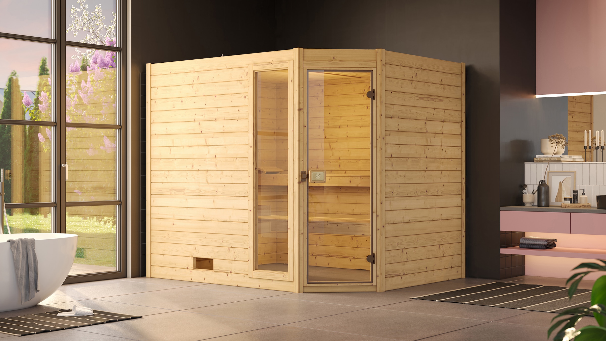 weka Sauna »Massivholzsauna VALIDA Eck 3« Blockbohlen, Fensterlement, moderne Ganzglastür