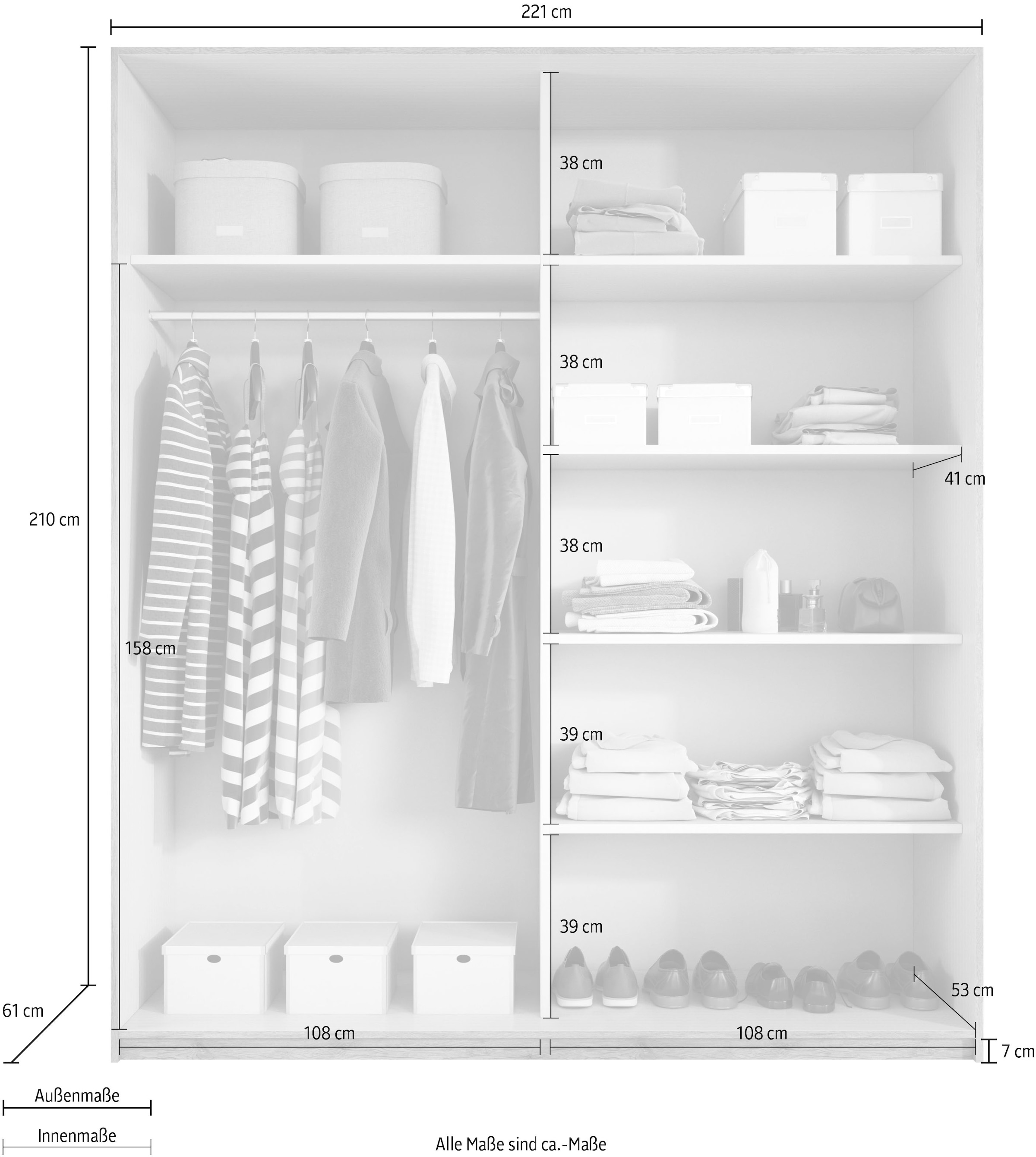 INOSIGN Schwebetürenschrank »Beta Schiebetürenschrank Kleiderschrank Wäscheschrank«, mit Spiegel, INKLUSIVE kompletter Innenausstattung, Metallgriffe