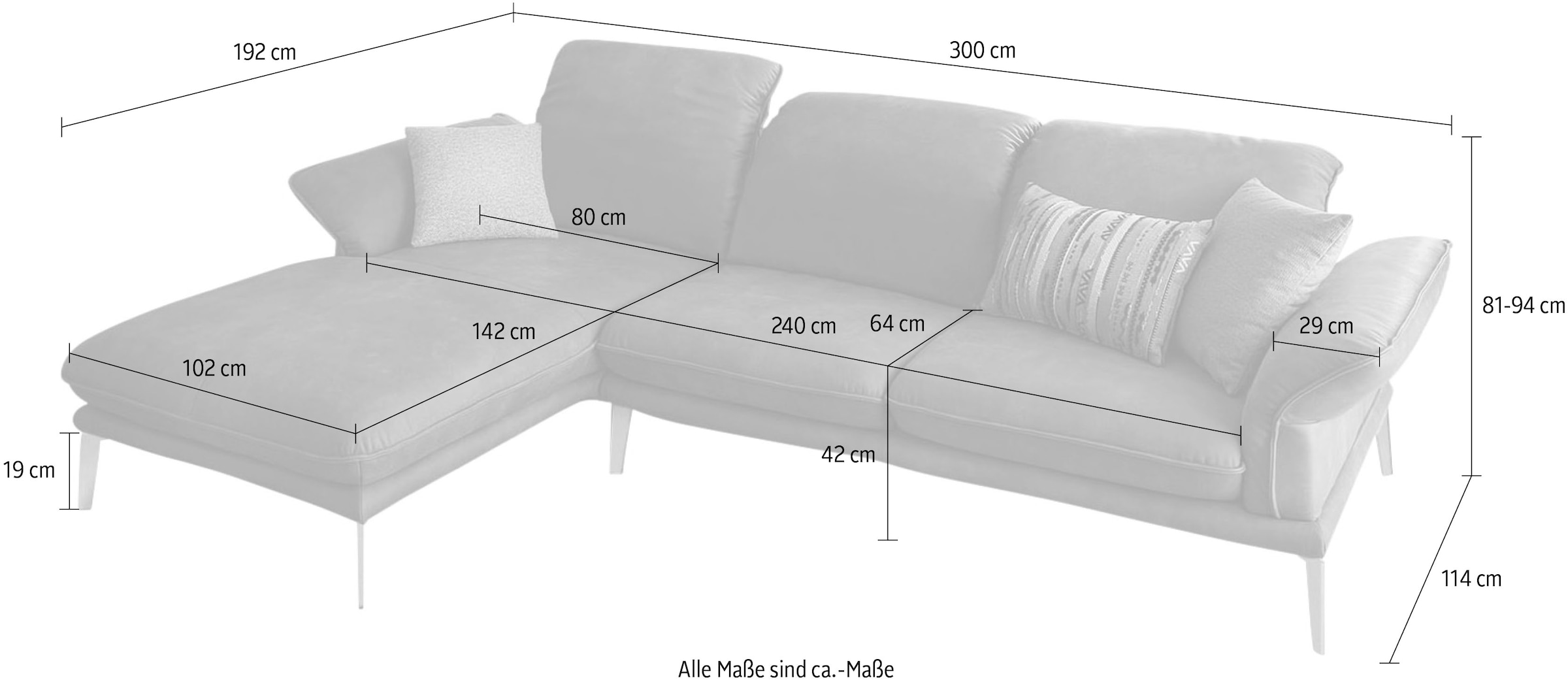 W.SCHILLIG Ecksofa »sherry, Designsofa mit tollem Sitzkomfort, bequem, L-Form«, mit Kopfstützenverstellung, Winkelfüße in Schwarz, Breite 300 cm