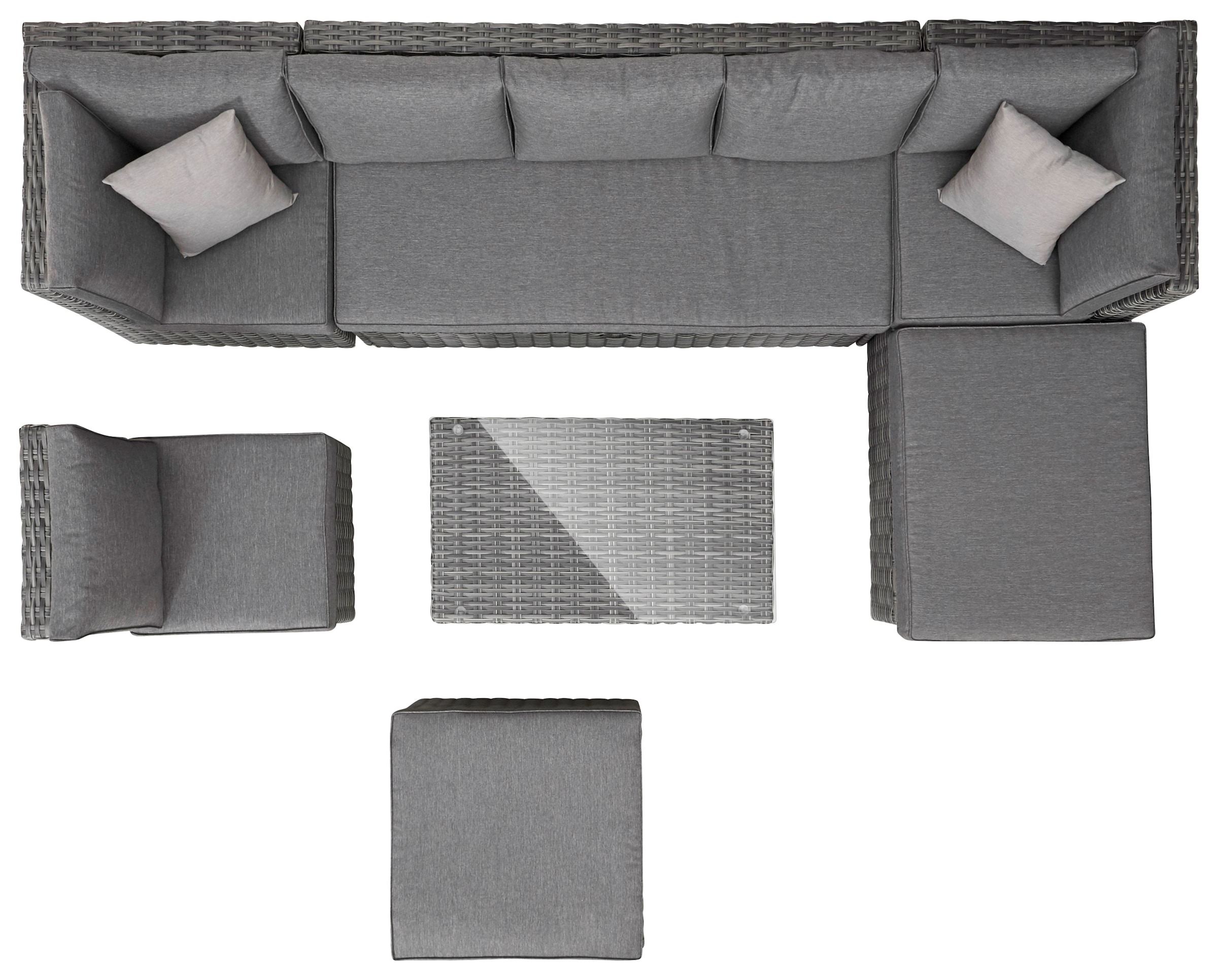 KONIFERA Gartenlounge-Set »New York«, (21 tlg., 1x 3er AZ-Sofa, 1x Ecke, 1x Sessel, 1x Ottomane mit Staufach, 1x Tisch), Tisch 110x65 cm, Aluminium,Polyrattan,individuell stellbar,10 Personen