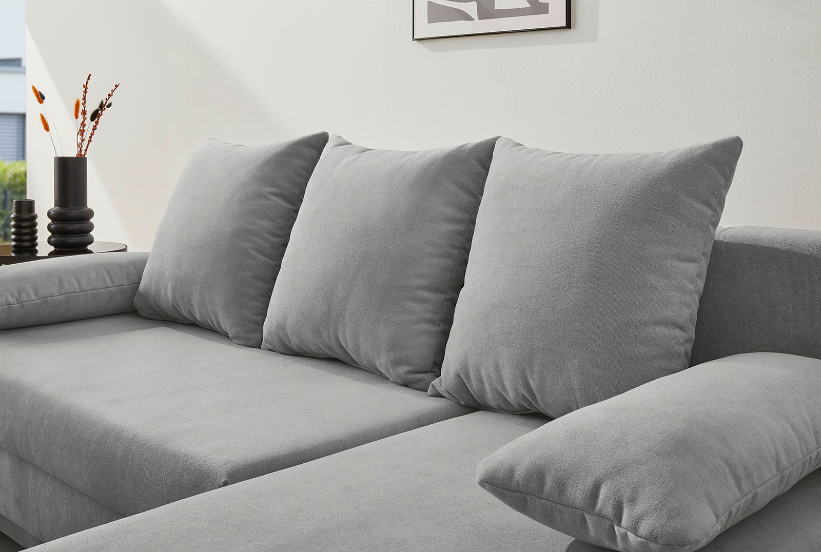 Jockenhöfer Gruppe Ecksofa »Starlight, L-Form, mit indirekter dimmbarer LED-Beleuchtung«, Gästebettfunktion; Stauraum/Bettkasten, mit Kissen