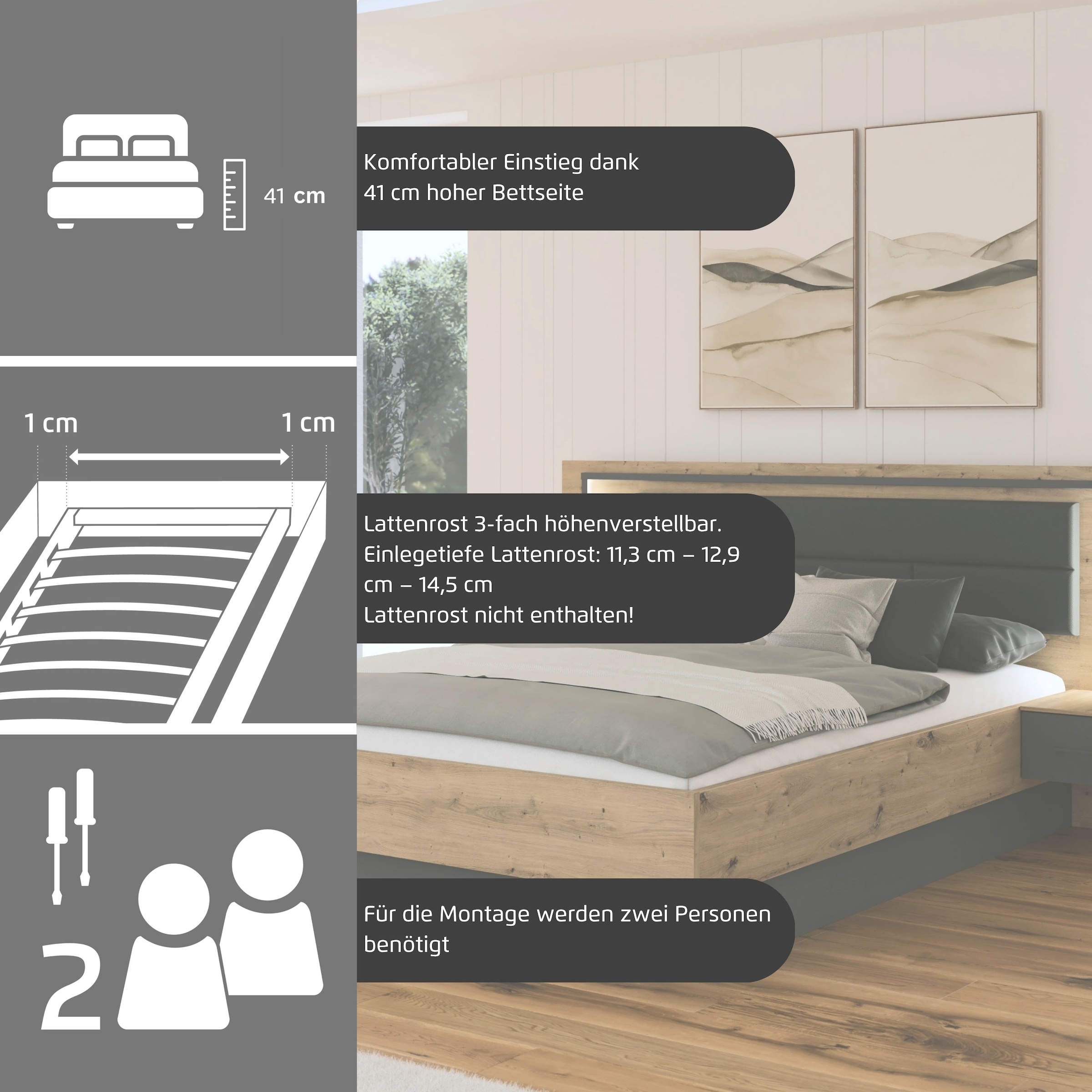 rauch »Bett Doppelbett Komortbett BILBAO-EXTRA« Set, Liegefläche 160x200 oder 180x200 cm, 3 tlg. tlg. Polster-Kopfteil in Lederoptik basalt, mit Beleuchtung MADE IN GERMANY