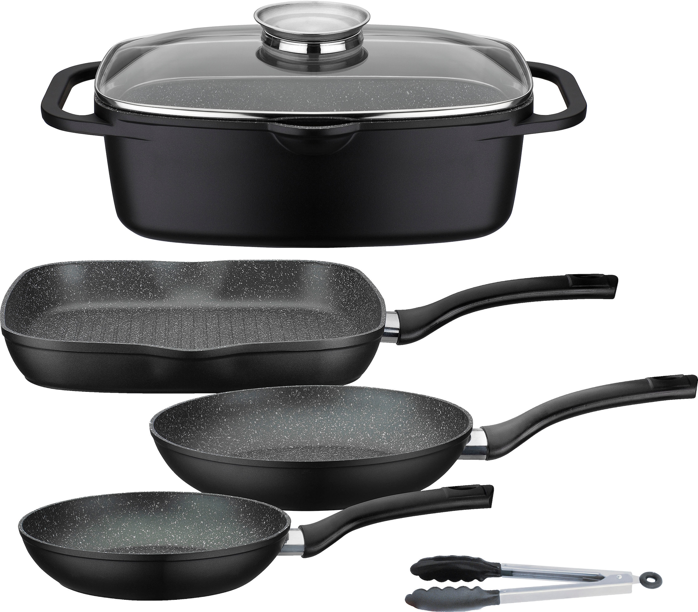 GSW Topf-Set "Gourmet Granit" Set, 1 Bräter, 1 Grillpfanne Ø 28cm, je 1 Bratpfanne Ø 20/24cm, 1 Kochzange, 5 Stk. tlg. Aluminiumguss