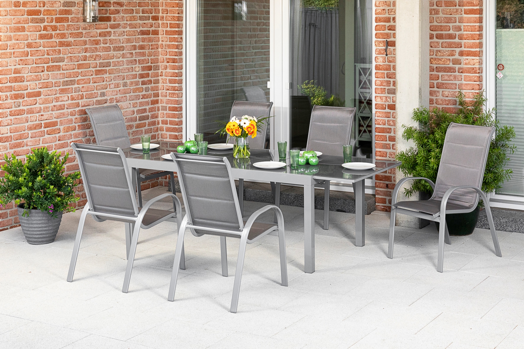 MERXX Garten-Essgruppe "Amalfi di lusso" 7 Stk. tlg. 6 Stapelsessel, Hochlehner mit ausziehbarem Tisch