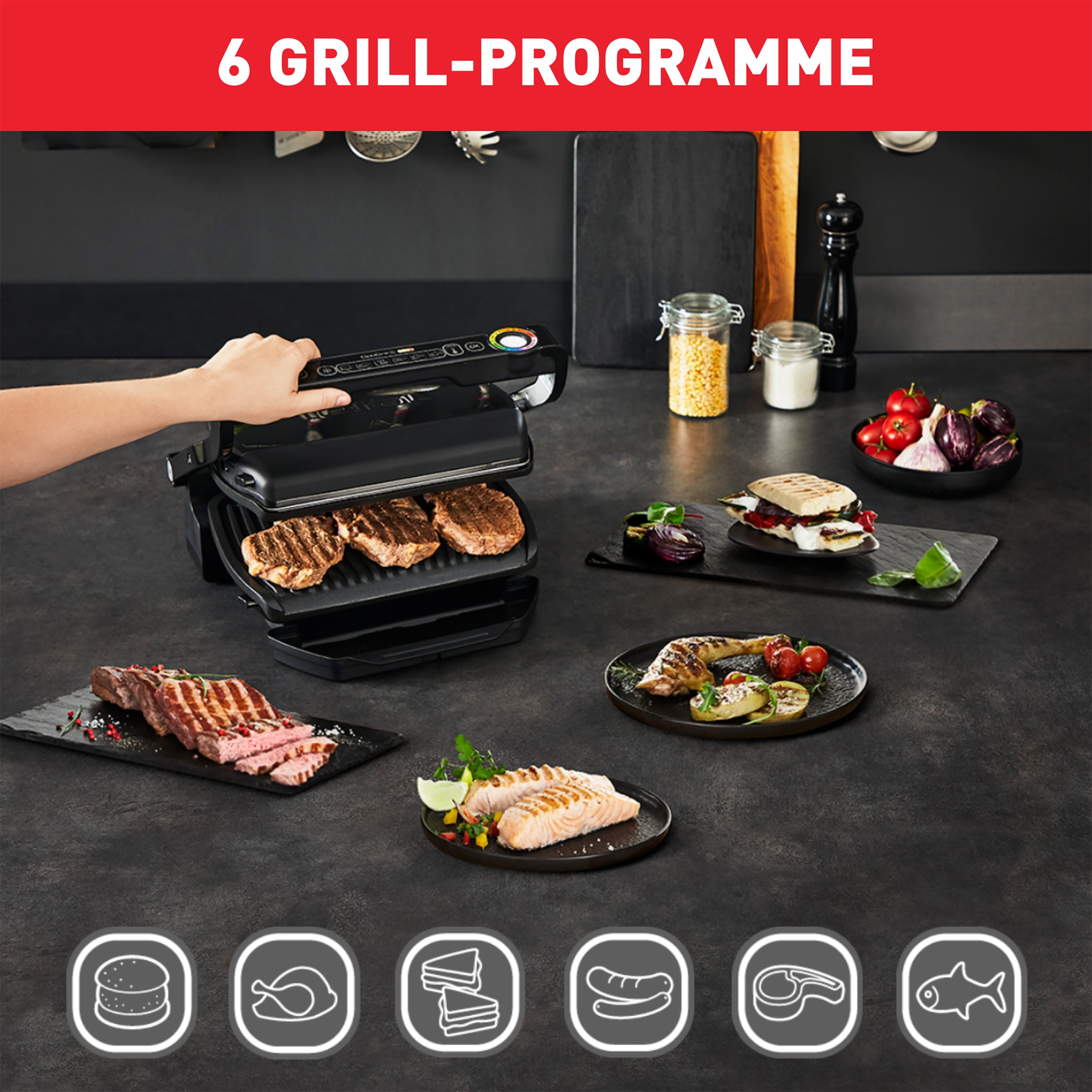 Tefal Kontaktgrill »OptiGrill« 2000 W 6 Programme, Lichtindikator des Garzustands, abnehmbare Grillplatten