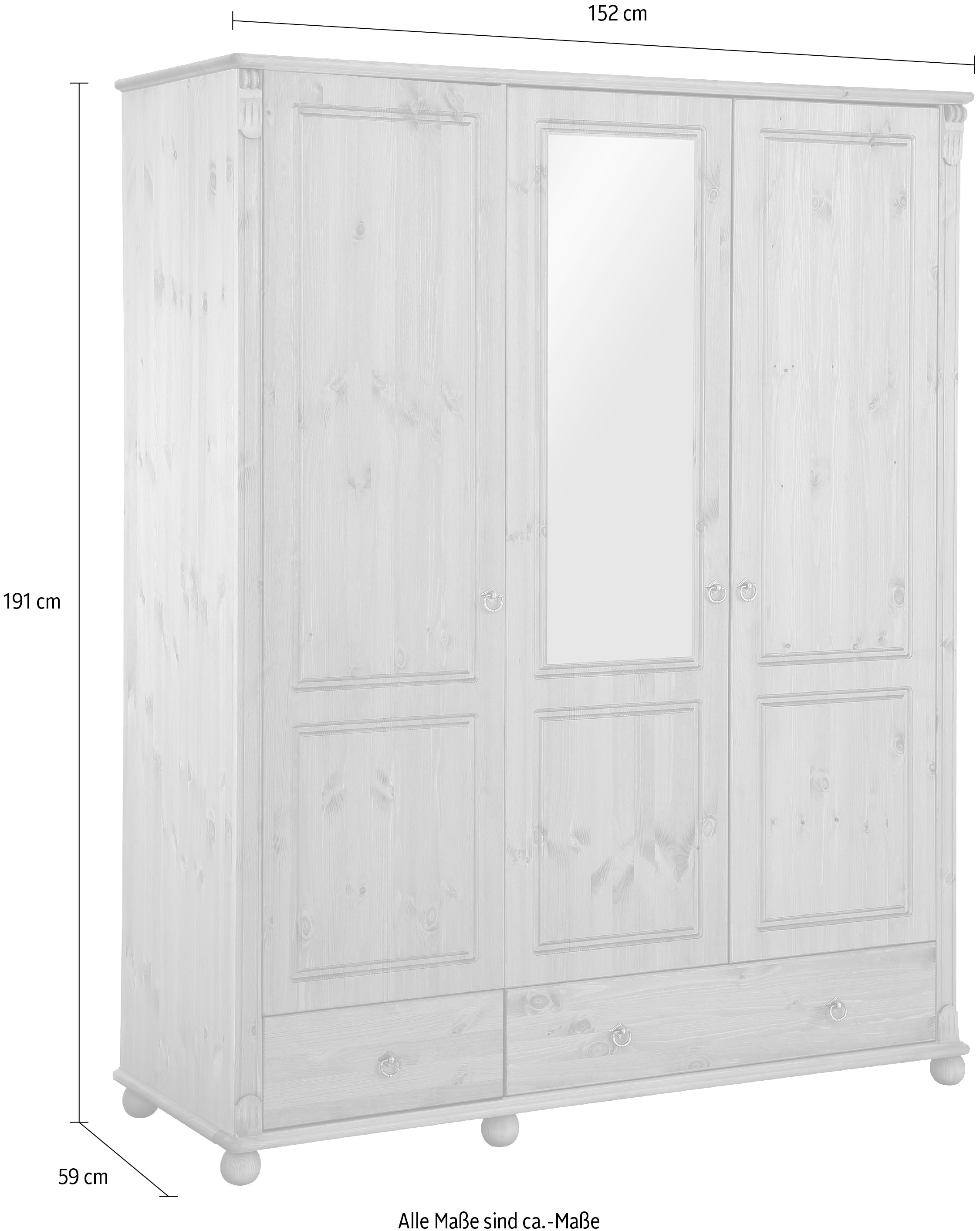 Home affaire Kleiderschrank »Tessin, Dretürenschrank, 3-türig«, (B/H/T ca. 152/191/59 cm), Breite 152 cm, Kiefer massiv, mit Spiegel und 3 Schubladen