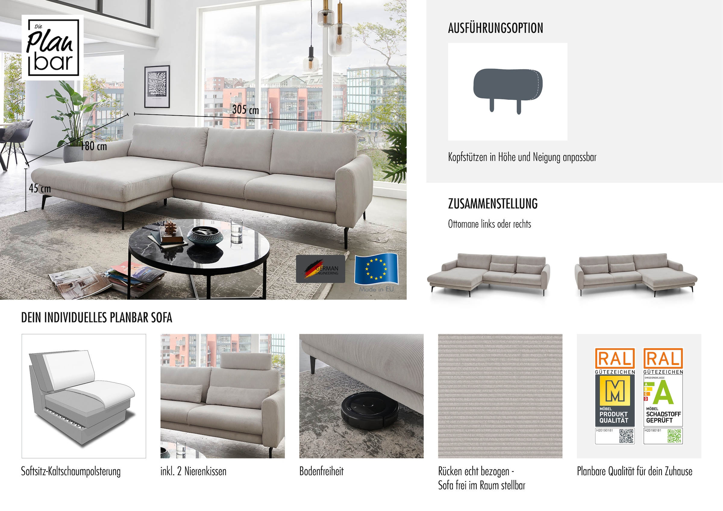 Die PlanBar Ecksofa »MP-IN23147 L-Form« Kaltschaumpolsterung, softer Sitz & verstellbare Kopfstützen