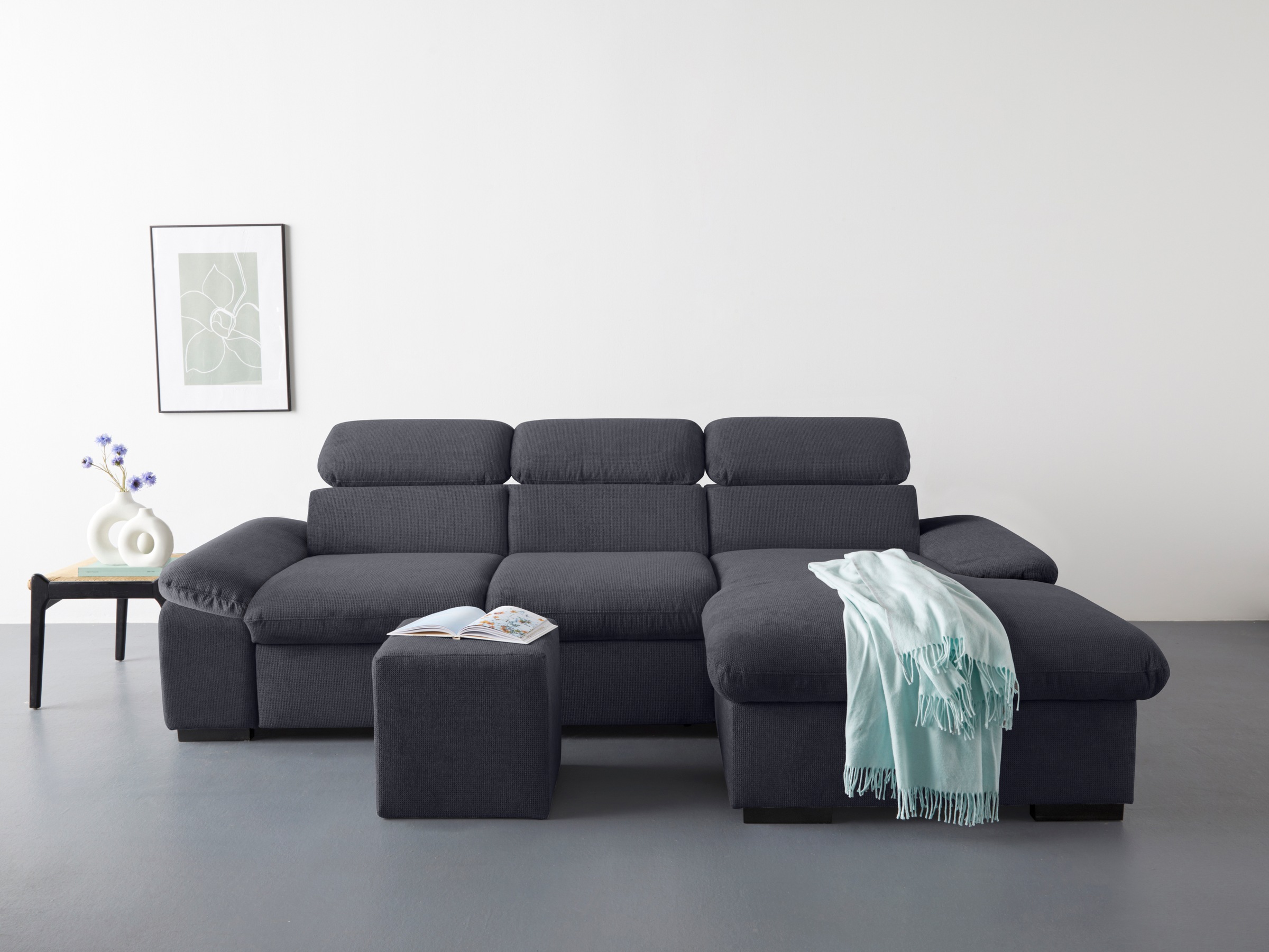 COTTA Ecksofa »Lola L-Form mit Kopfteilfunktion & Hocker«, (Set, mit Hocker), wahlweise mit Bettfunktion, Bettkasten & Armteilverstellung