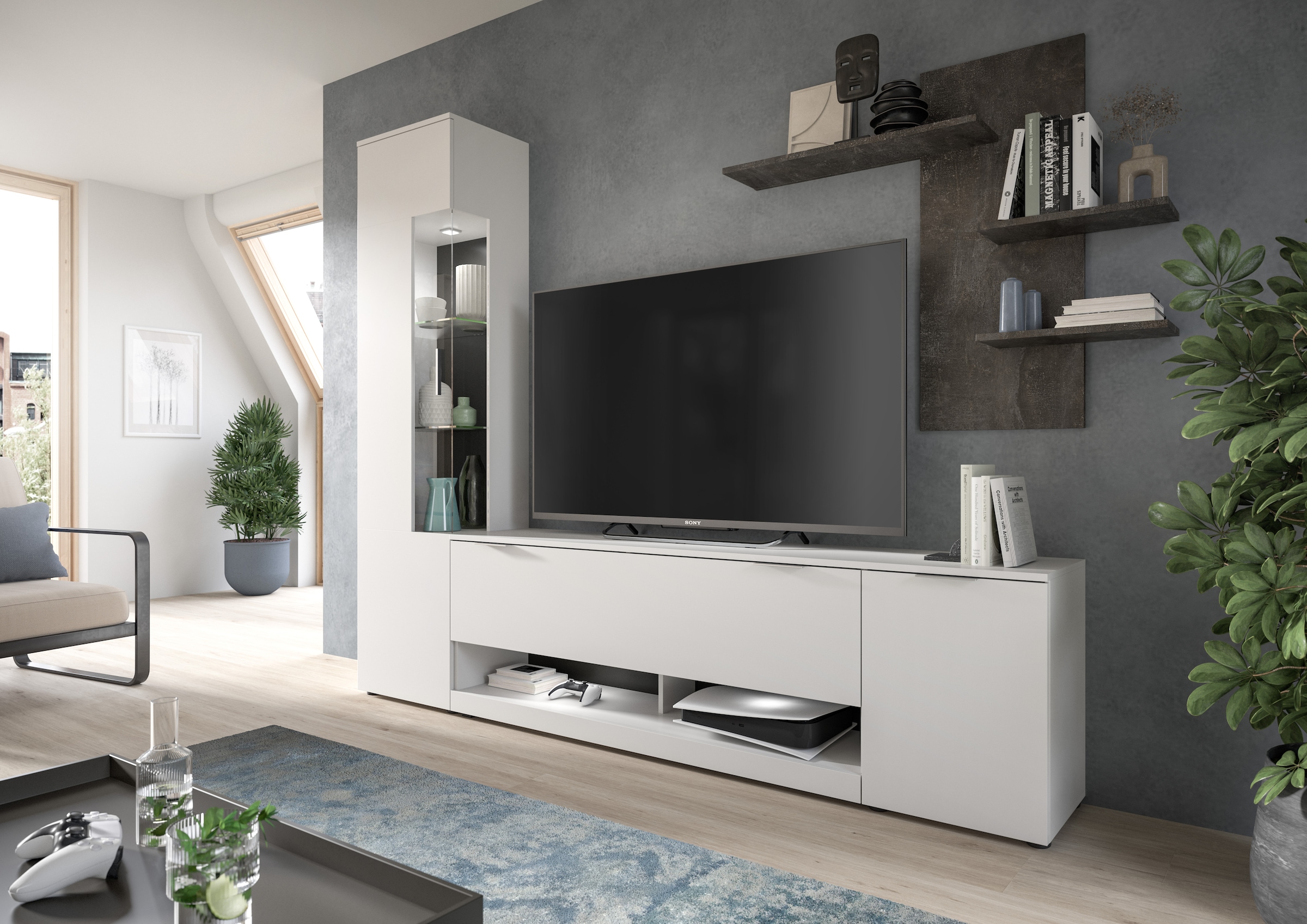 Wohnwand »Porto, Breite 250cm, in Weiß/Beton Nachbildung«, (3 St.), TV-Wand,...