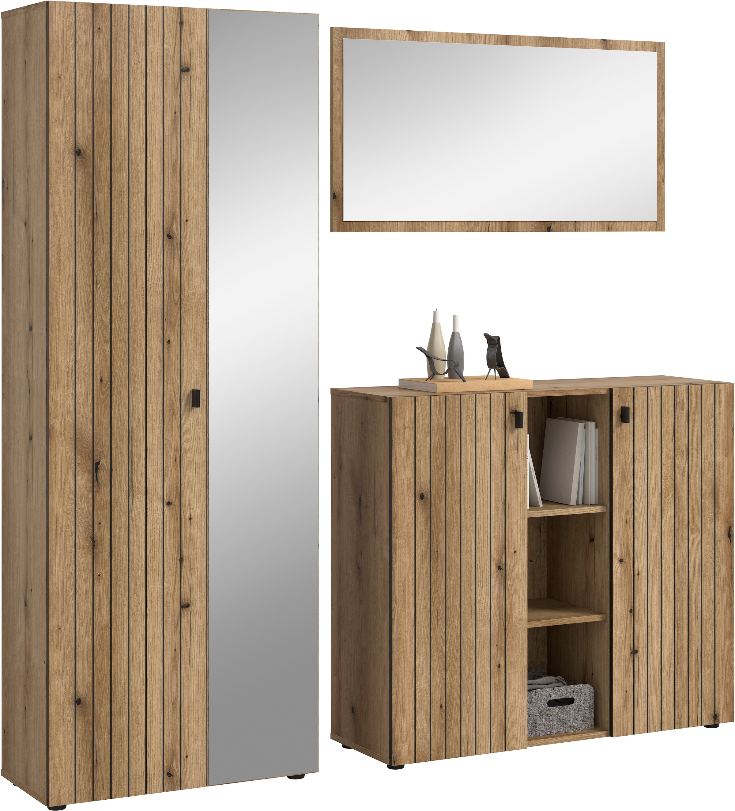 INOSIGN Garderoben-Set »TATIO, 3-tlg. Garderobenkombination, Breite: 191 cm, Rillenfräsung« Set, Set, best. aus: 1 Spiegel, 1 Garderobenschrank, 1 Schuhkommode, 3 Stk. tlg.