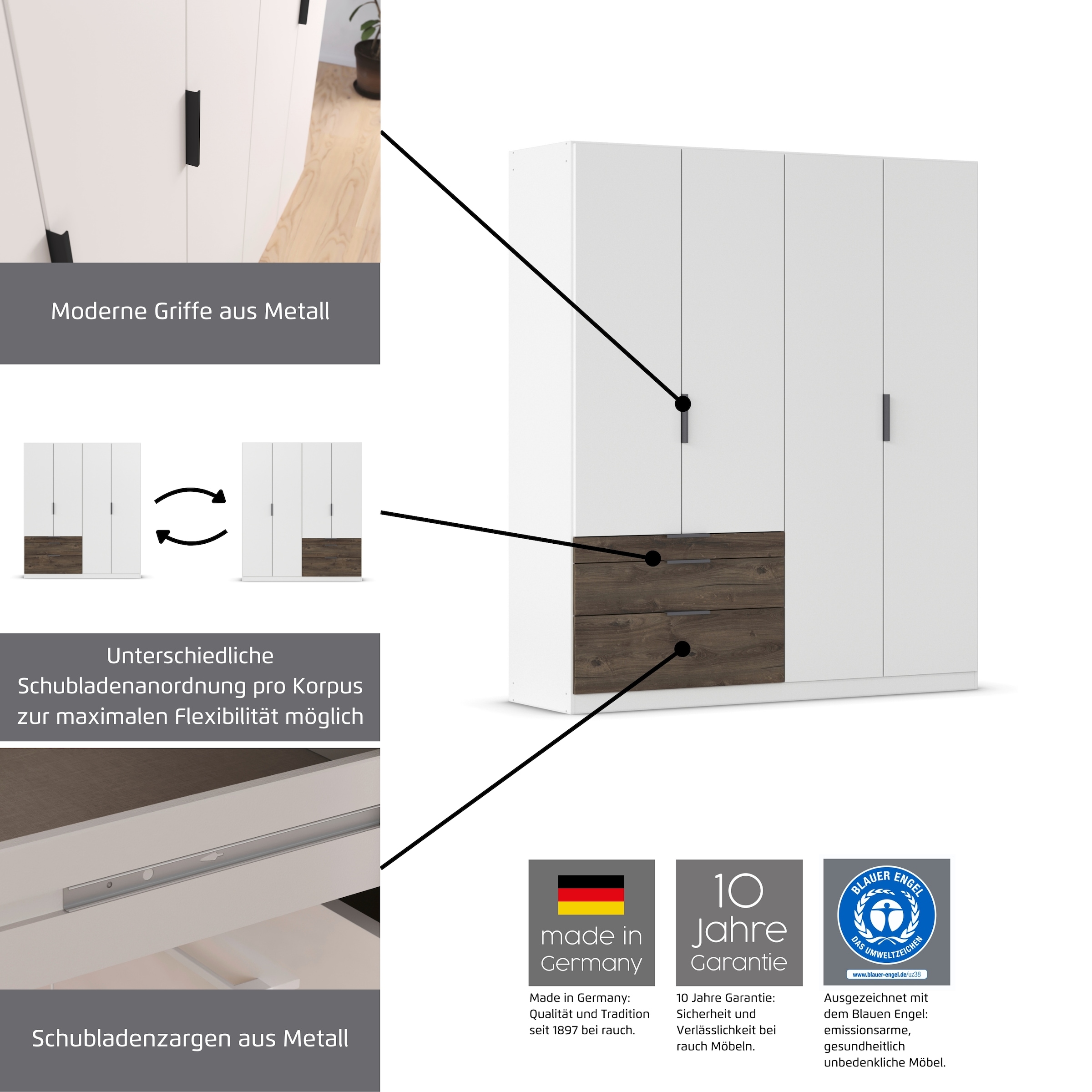 rauch Kleiderschrank »Drehtürenschrank Schrank Garderobe Schlafzimmerschrank KODA« oberer Schubkasten mit praktischer Inneneinteilung,  mit asymmetrisch angeordneten Schubladen MADE IN GERMANY