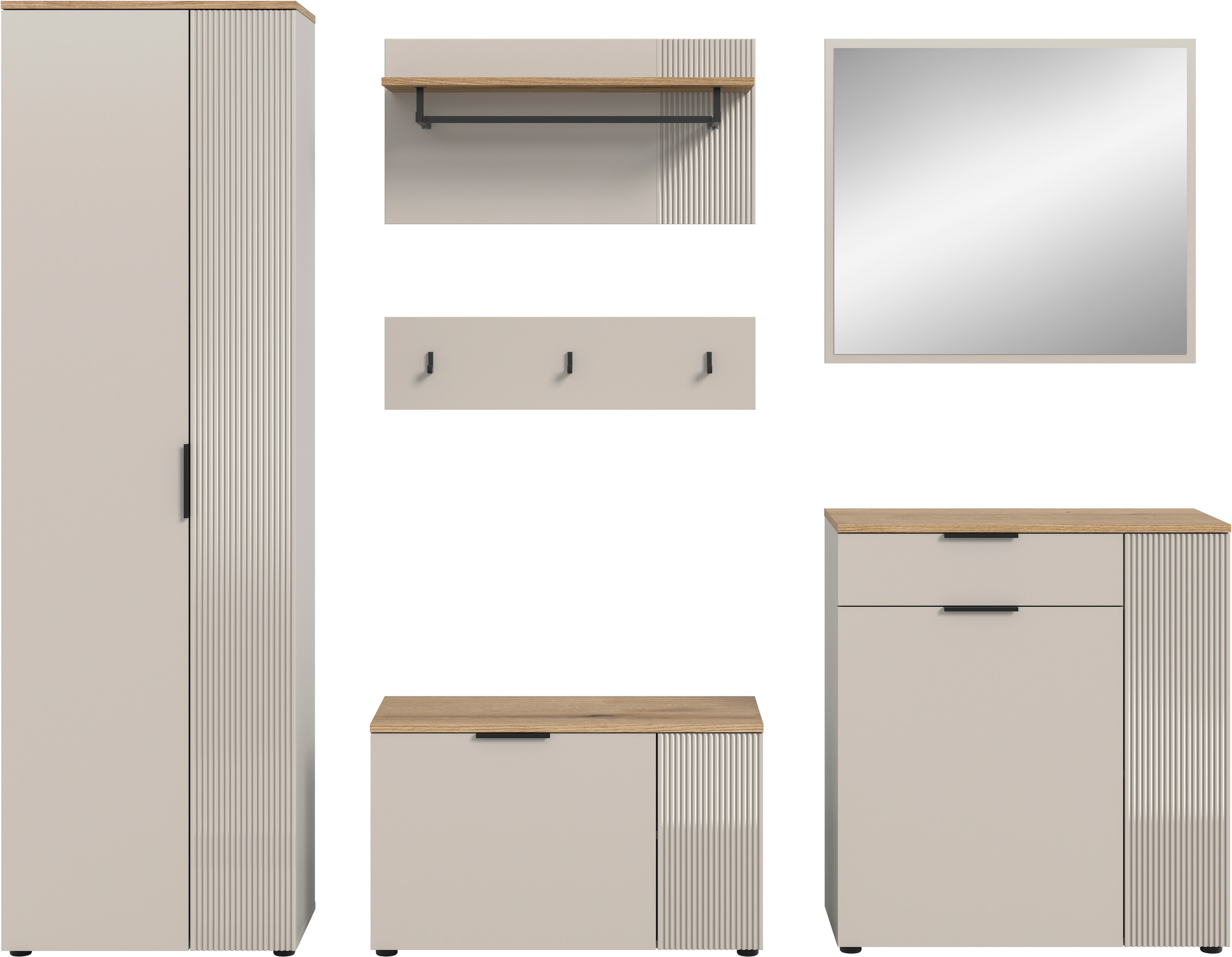 Home affaire Garderoben-Set »EDIL, Breite 250 cm, 6-teilig, Front mit hochwertiger Längstfräsung« Set, Hochschrank, Sitzbank, Paneel, Hakenleiste, Kommode & Spiegel, 5 Stk. tlg.