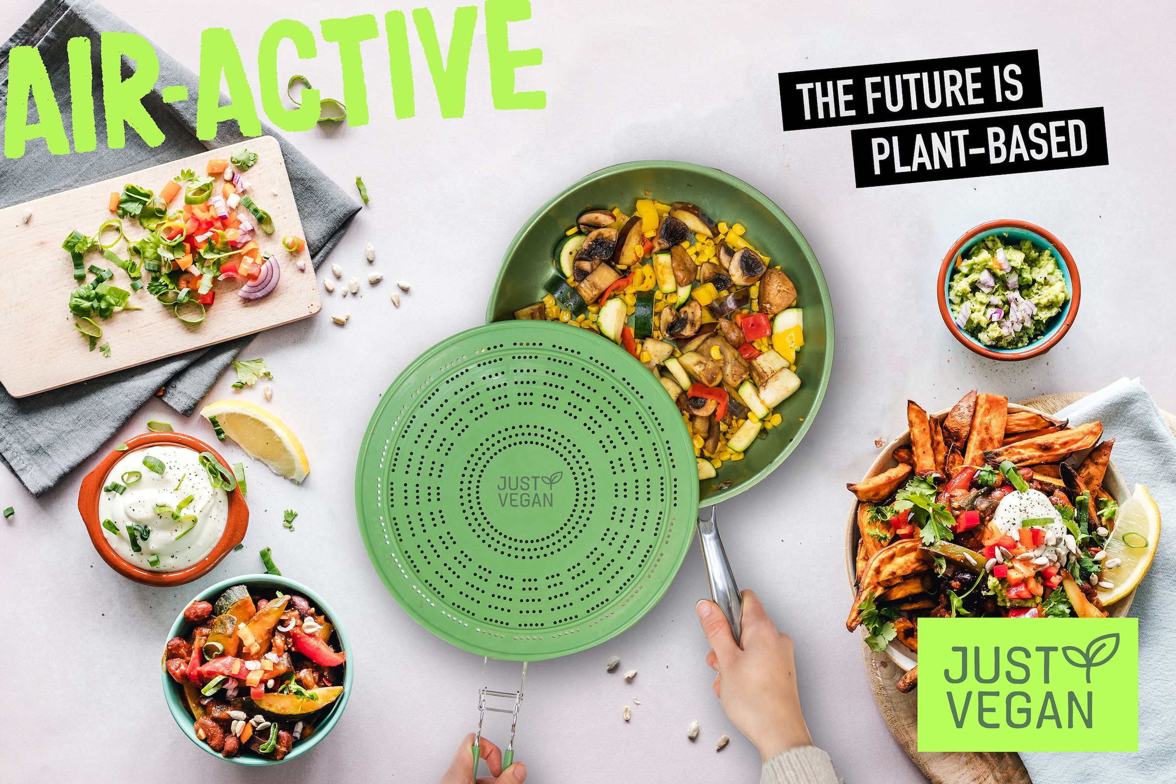 JUST VEGAN Spritzschutzdeckel »AirActive«, (Set, 7 tlg., inkl. 5 Aktivkohle-Filter), auch als Sieb, Dampfgarer und Kühlgitter verwendbar