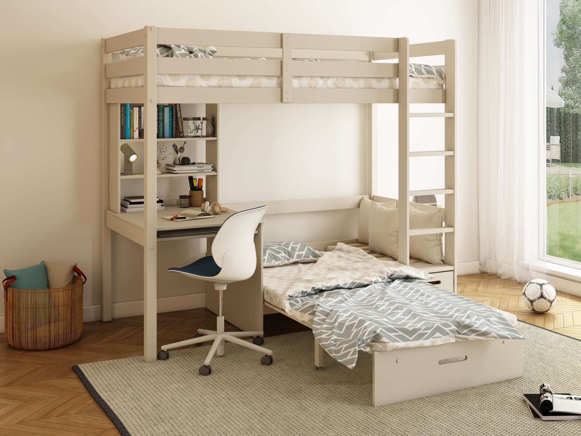 OTTO home Etagenbett »HENNE' TOPSELLER! Hochbett, Ideal für kleine Räume, 2 Schlafplätze« zweiter Schlafplatz ausziehbar, B/H/T ca. 208/180/105cm,  mit Polsterauflagen, Schreibtisch, Stauraum, seitenverkehrt montierbar