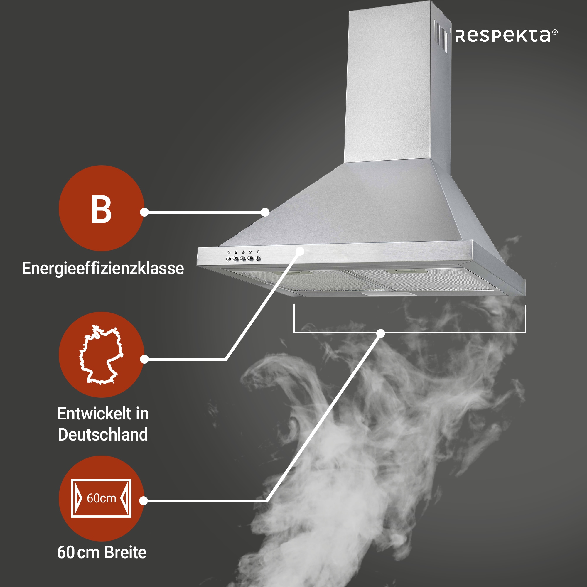 RESPEKTA Kaminhaube »CH 22078 IXB«, Serie Dalia, 60 cm, 3 Leistungsstufen, LED-Beleuchtung, Ab- und Umluftfähig