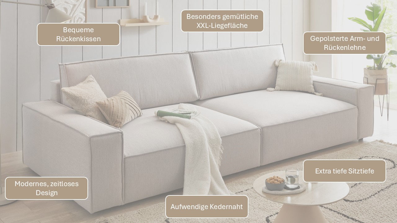 Home affaire Big-Sofa »NEU: SHERWOOD XXL, Big-Sofa (316cm), extra tiefe Sitzfläche 95 cm« bequemer Sitzkomfort, Cord u. Leinenoptik, Kedernaht